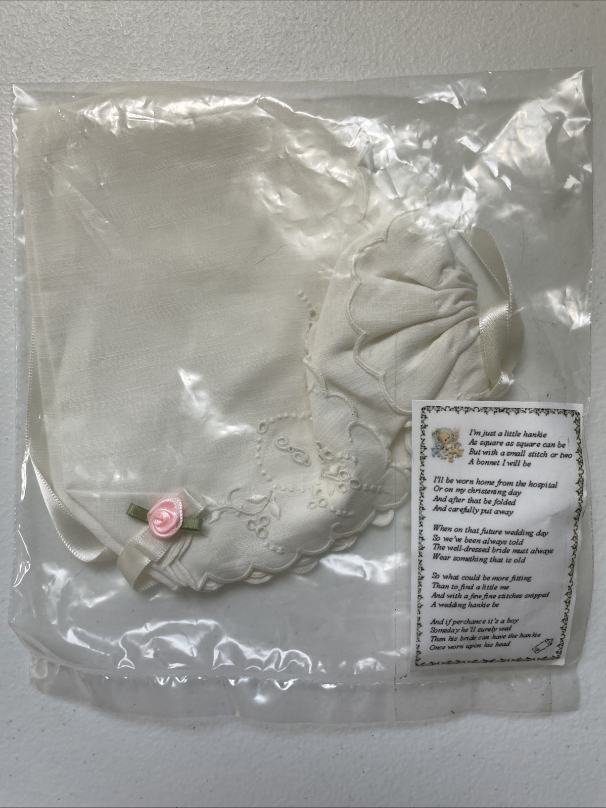 Vintage Baby Christening Bonnet / Bride’s Wedding Hankie Keepsake Pink Flower