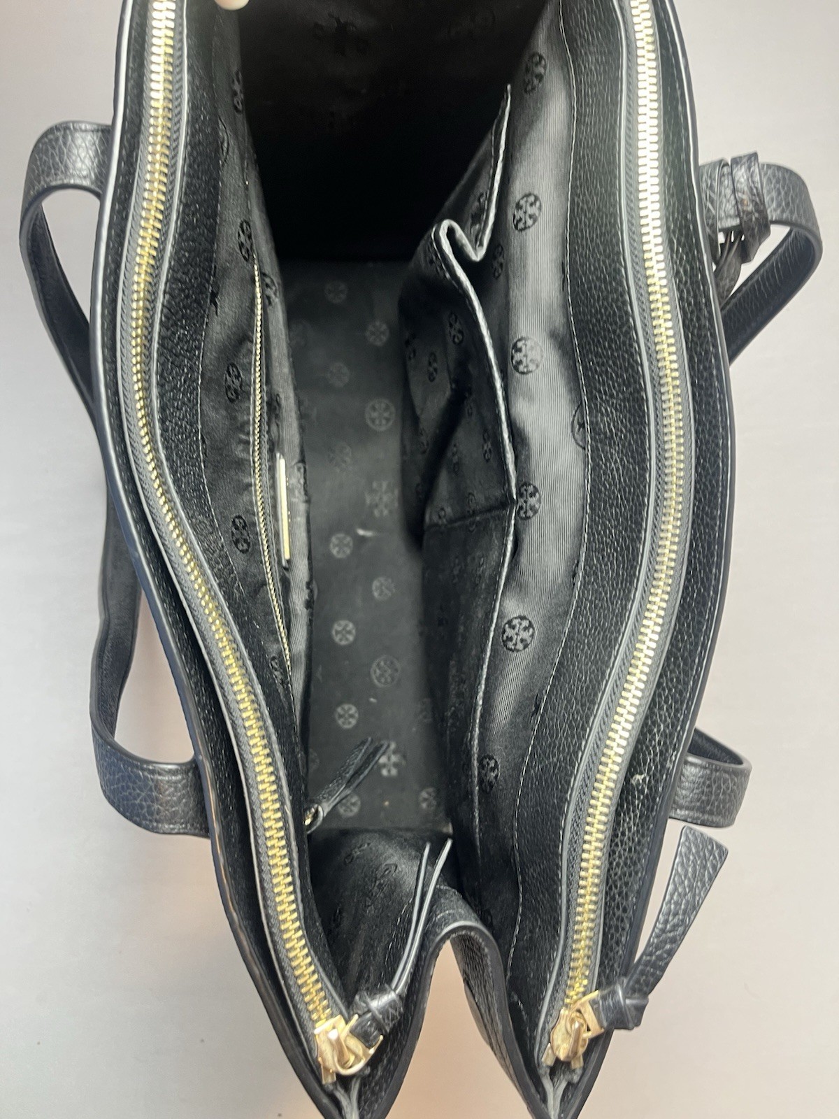 Tory Burch Black Satchel Zip Closure Tassel Logo Gold Hardware Detachable Strap