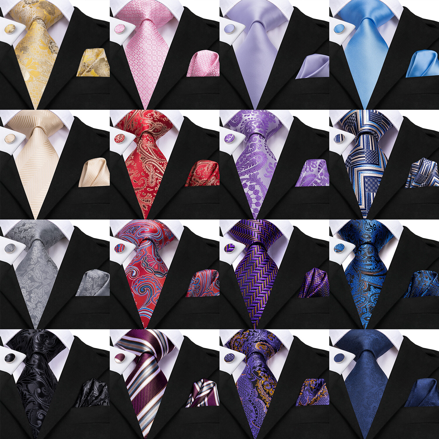 Mens Tie Striped Solid Paisley Necktie Hanky Cufflink Set Wedding Prom