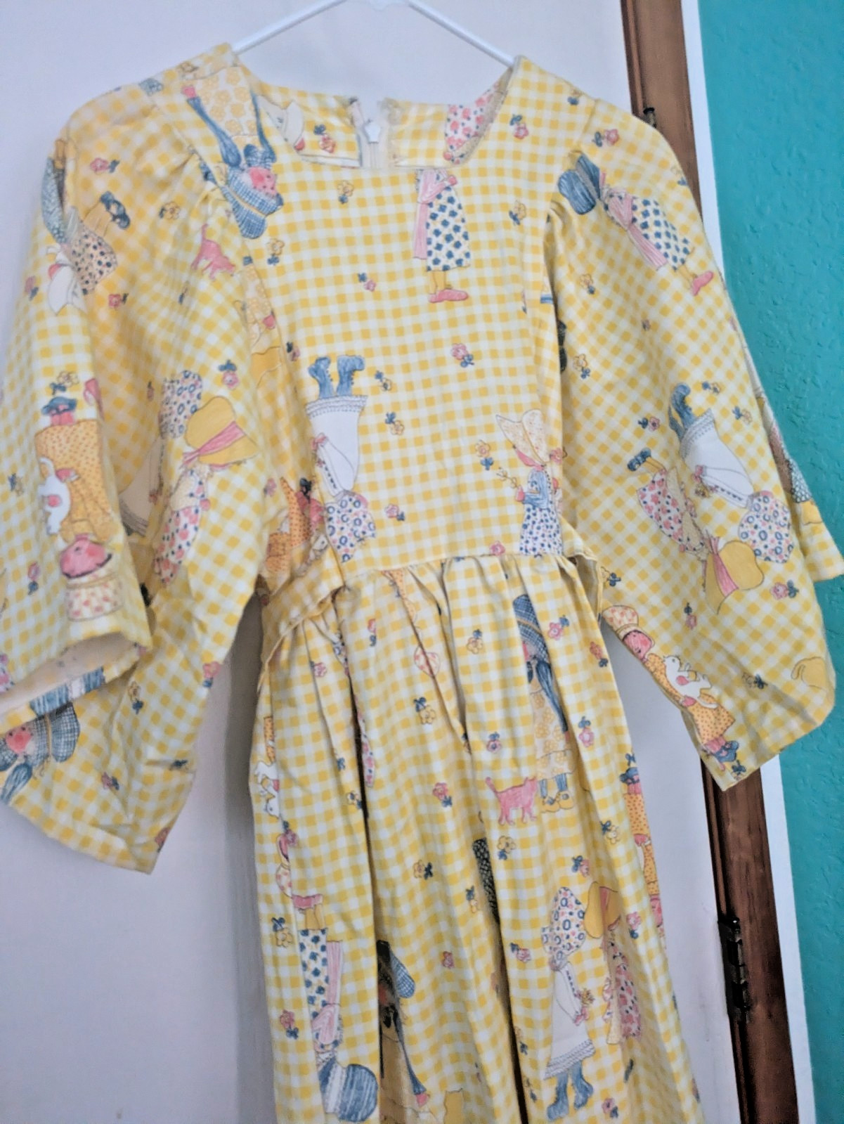 VTG 70s HomeMade Yellow Gingham Maxi Dress Holly Hobby Cottage Prairie