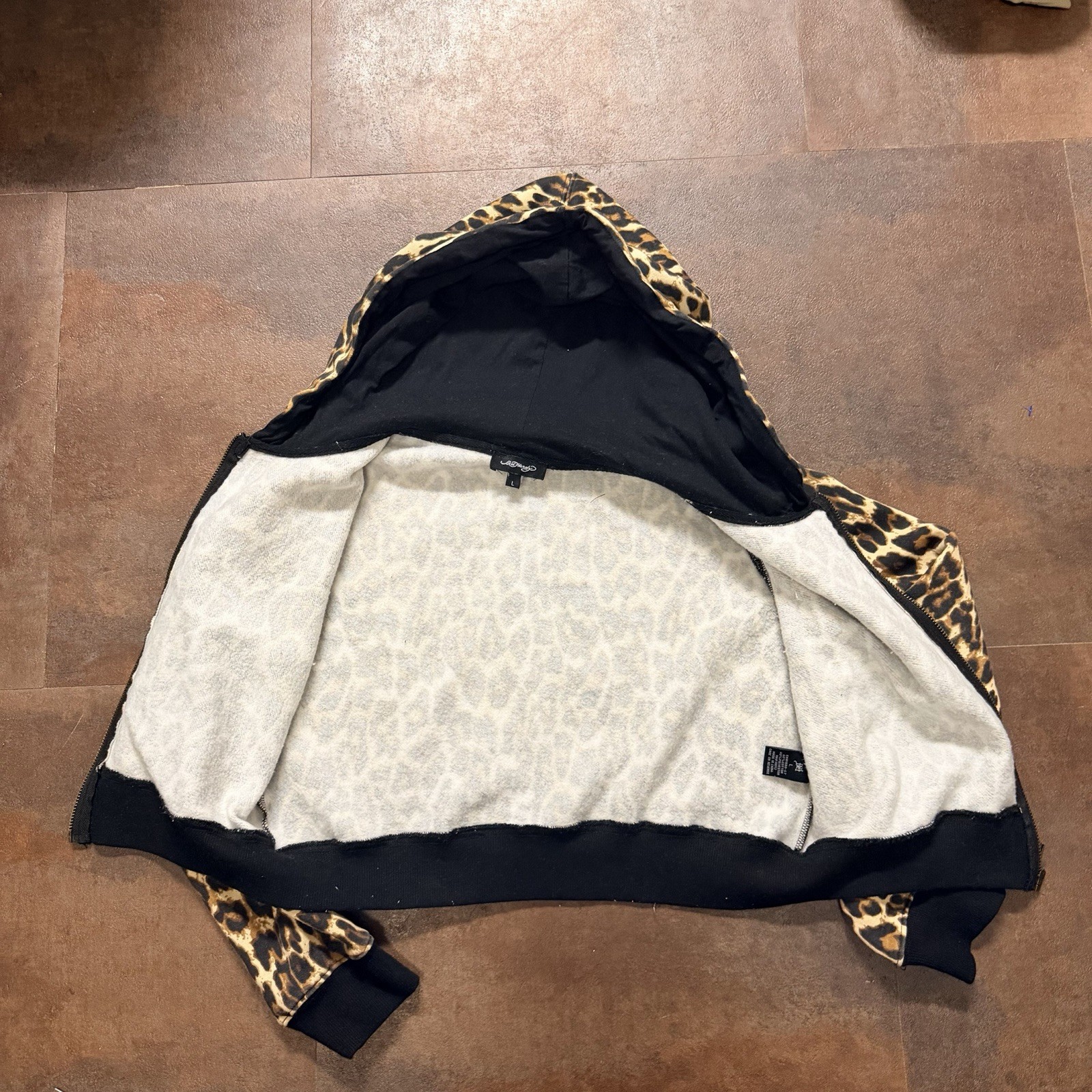Ed Hardy Leopard Animal Print Zip Hoodie L Women Brown Black Fleece