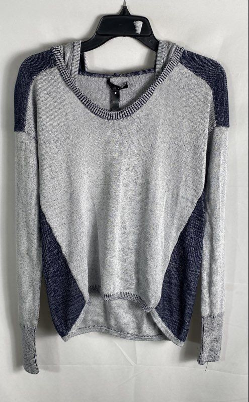 AQUA Women’s Navy White Colorblock Cotton Hooded V-Neck Sweater NWT Sz XS