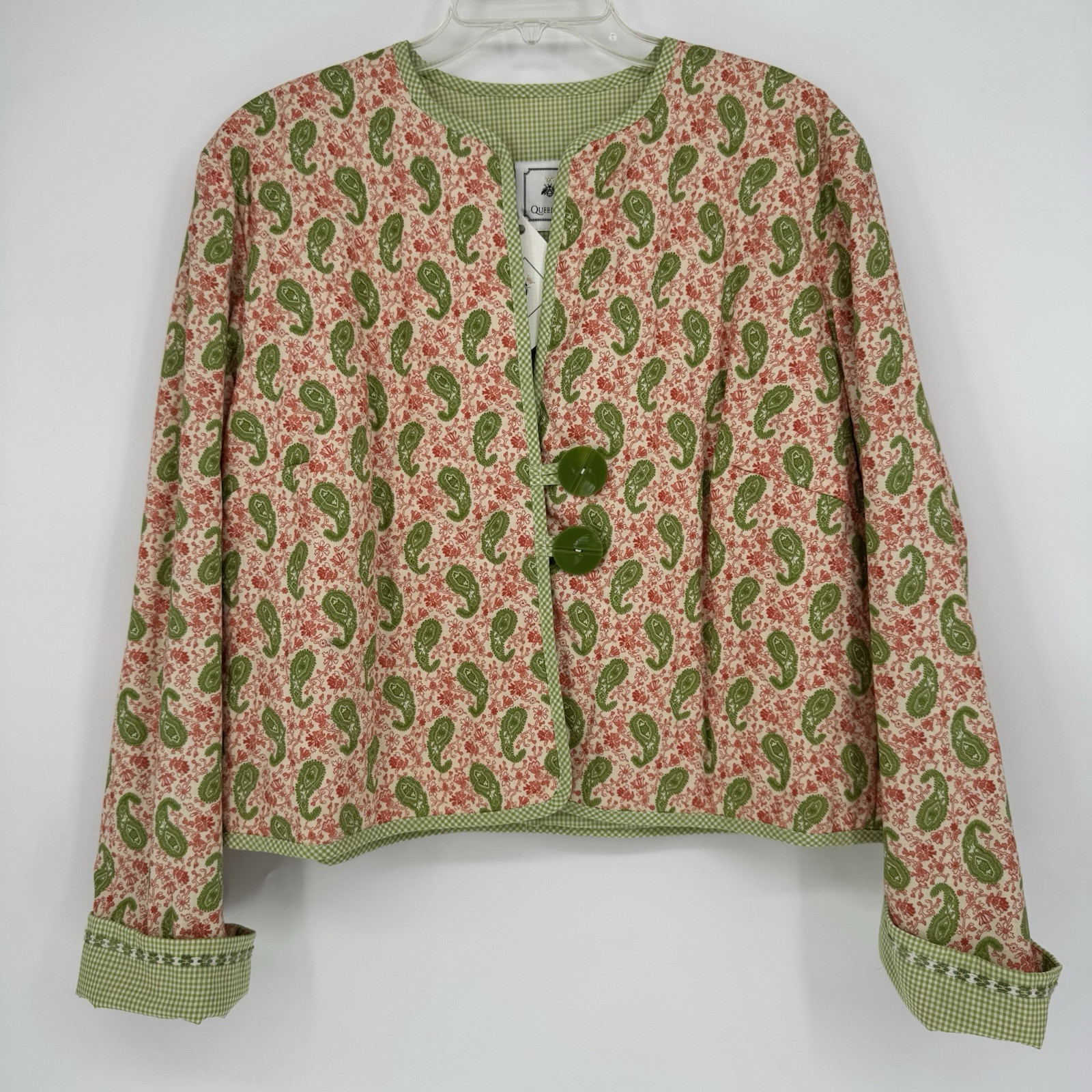 Handmade Quilted Jacket Paisley Red Green Gingham Boho Coastal Grandma Large