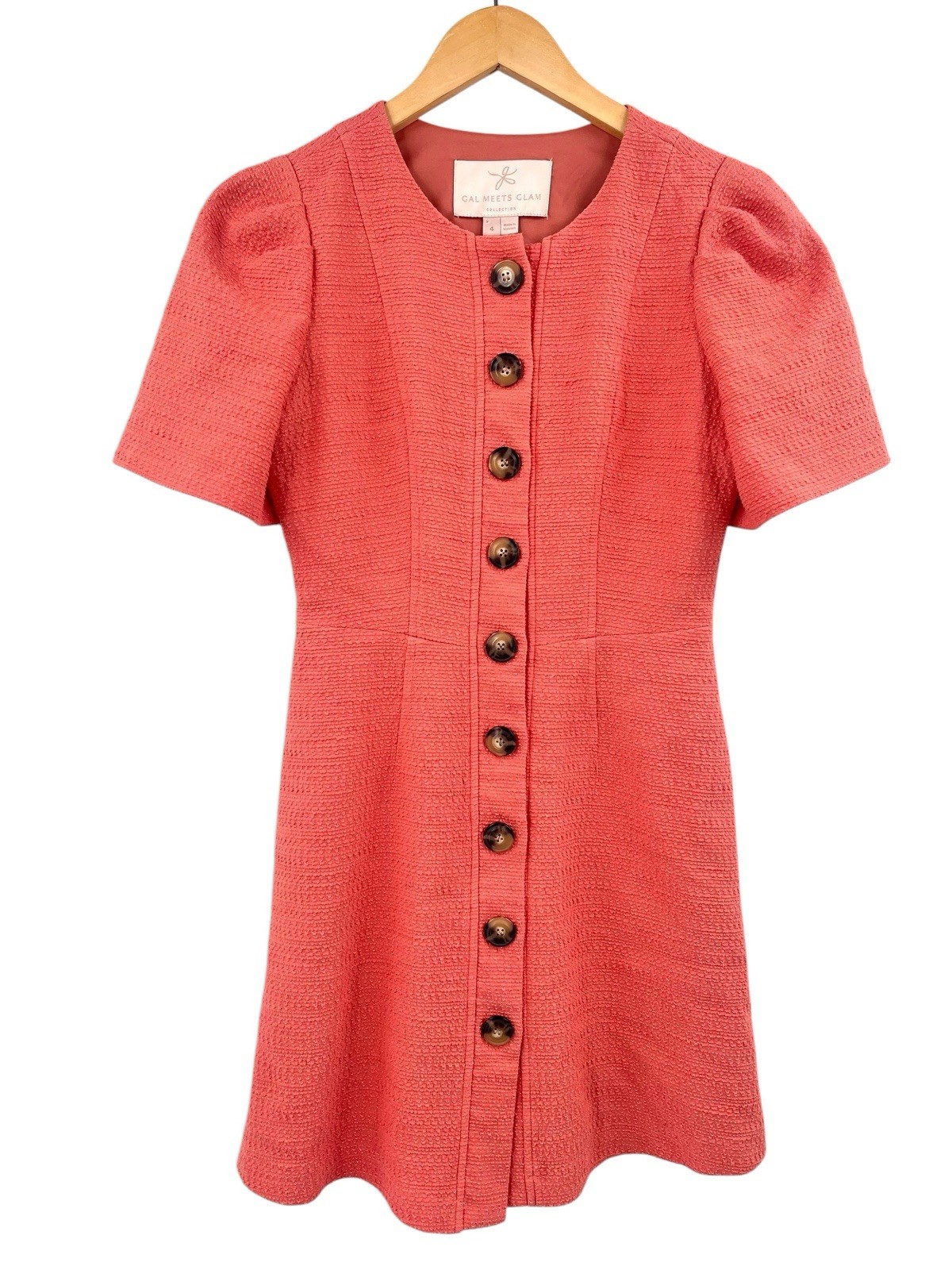 GAL MEETS GLAM Women’s Peach Textured Front Button Kathleen Mini Dress US 4
