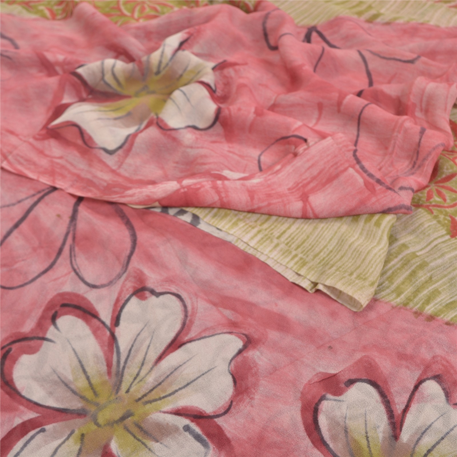 Sanskriti Vintage Indian Sarees Blend Georgette Printed Fabric Craft 5 Yard Sari