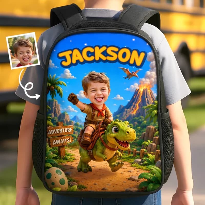 Kids Dinosaur School Backpack, Personalized Photo Book Bag,Custom Back to School