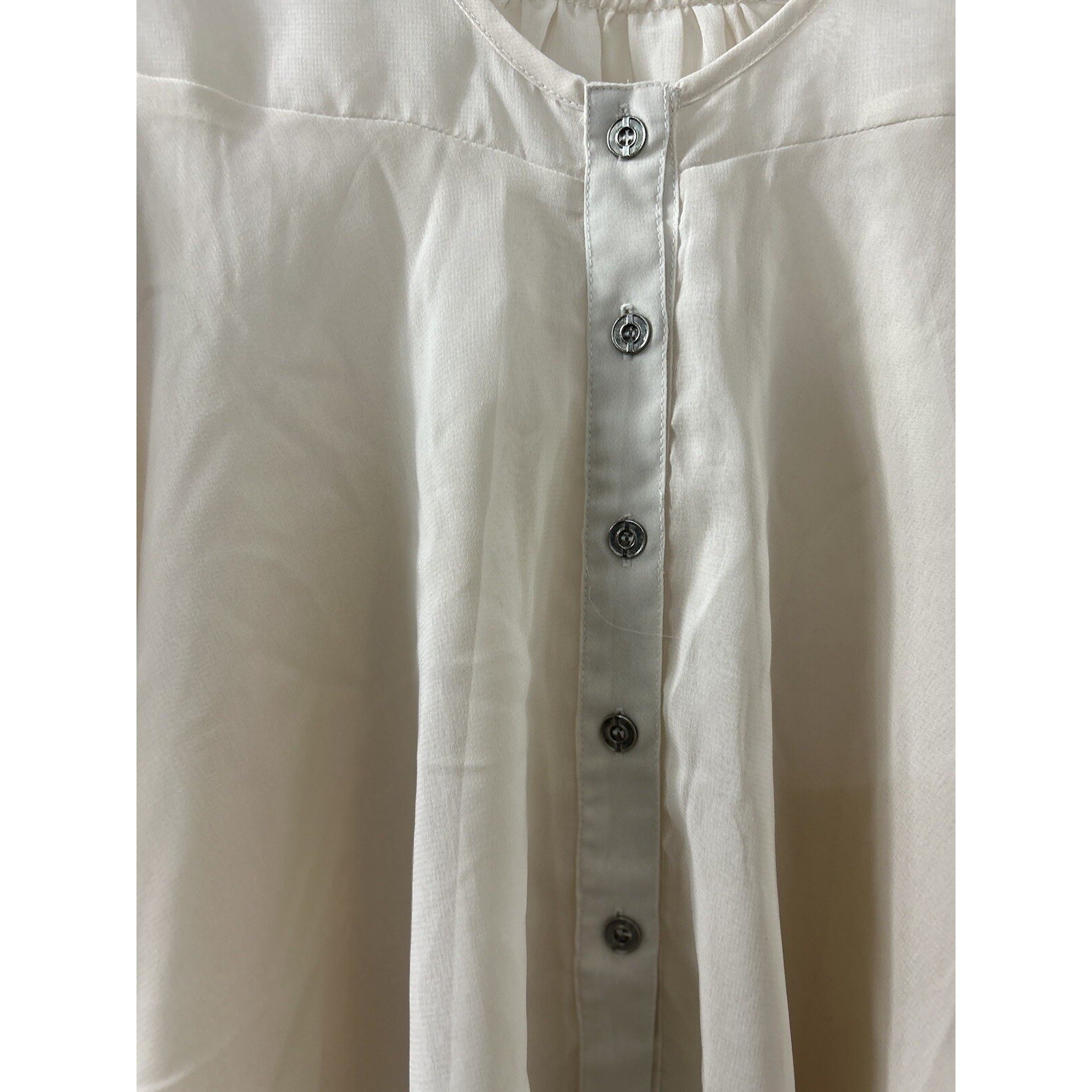 Analogy Sheer Chiffon Blouse L Ivory Roll Tab Button Boho Minimalist Office