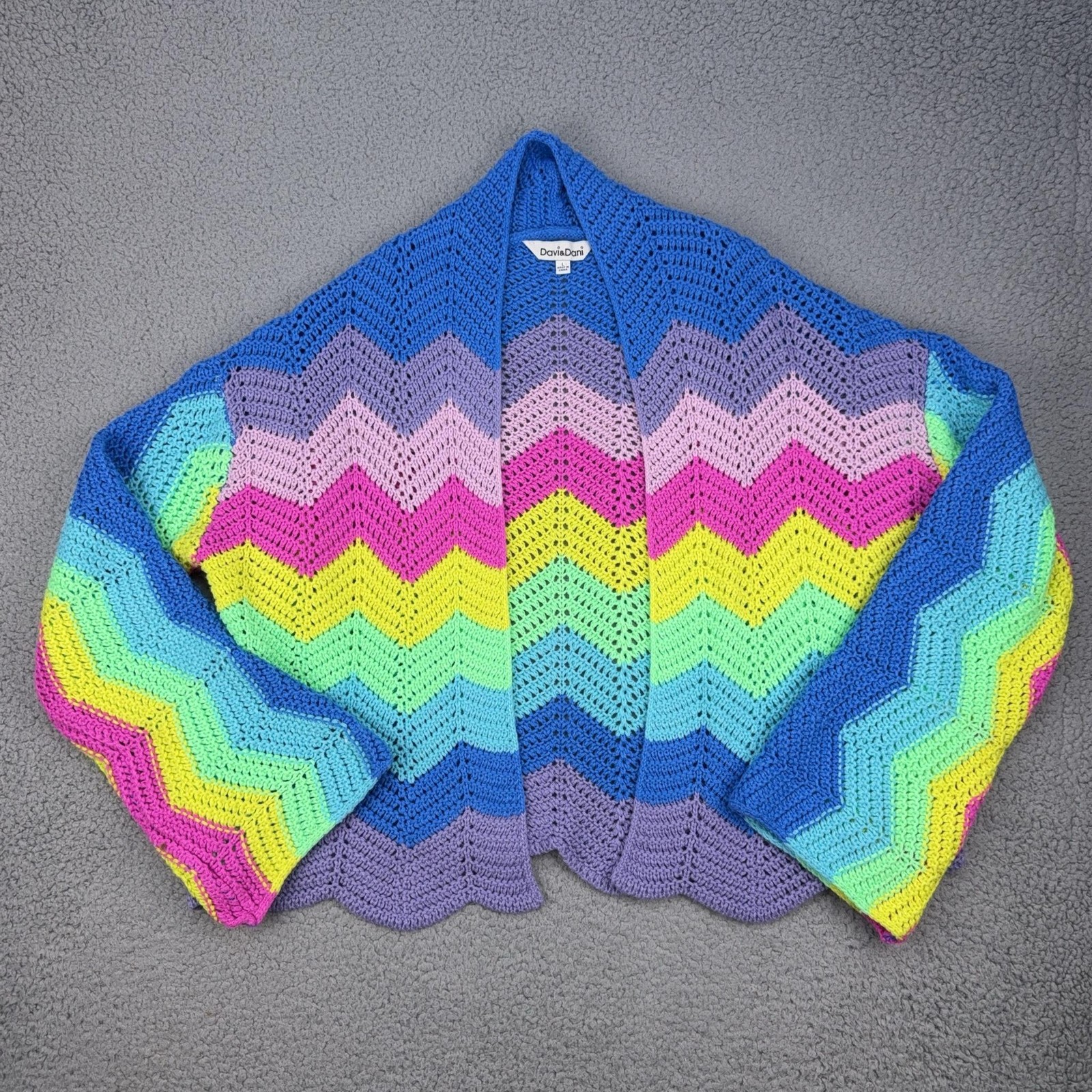 Davi & Dani Cardigan Womens Large Multicolor Rainbow Crochet Open Knit Striped