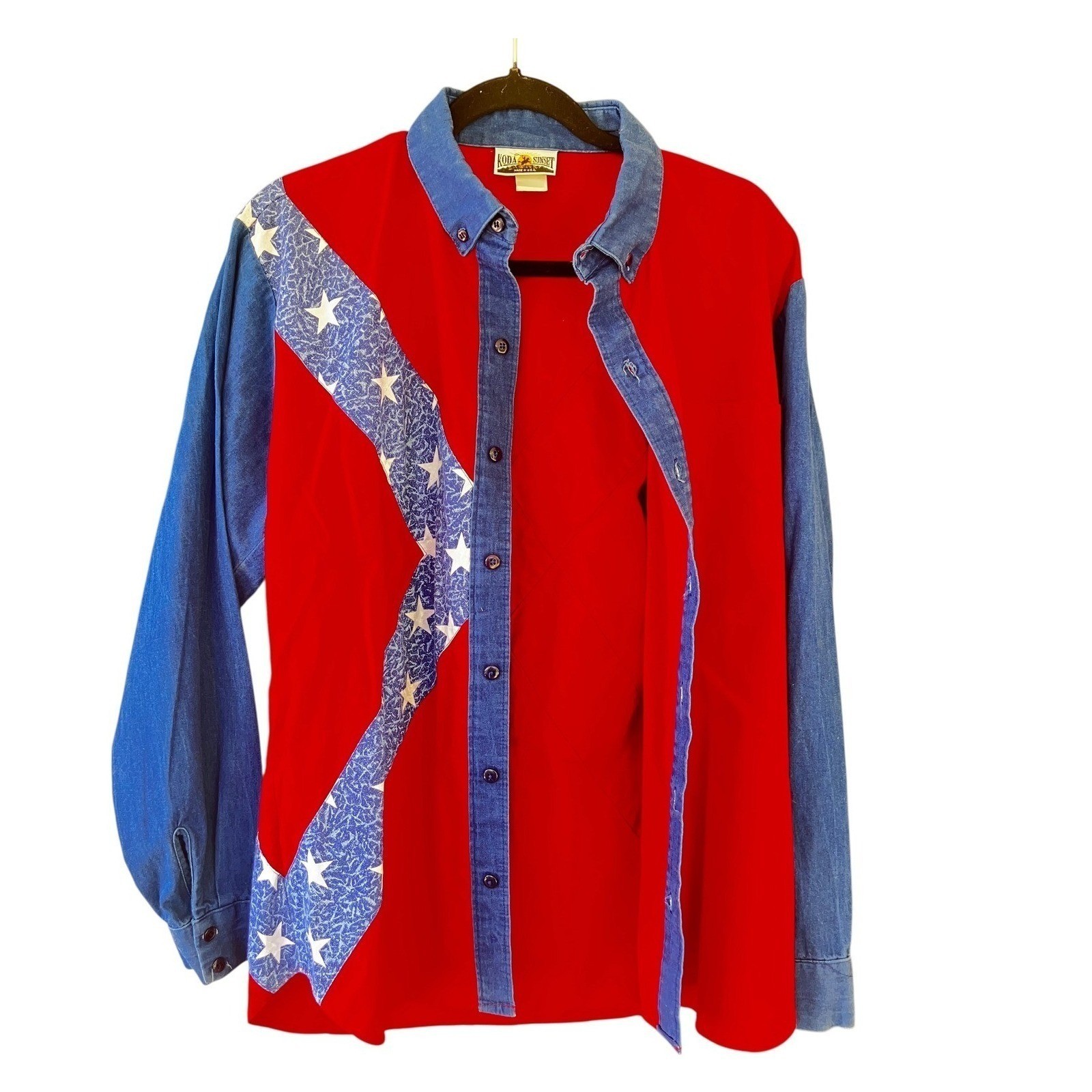 Koda Sunset Mens Button Down Shirt L Red Blue Stars Patriotic Americana Denim