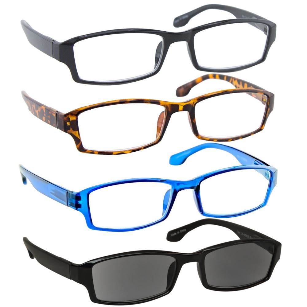 NEW Reading Glasses | 4 Pack | Black Tortoise Blue Sun | Flex Hinges