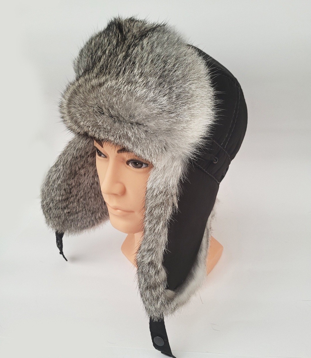 Men Real Fur Ear Flap Hat Ushanka Rabbit Fur Aviator Trapper Hat Unisex 58 cm
