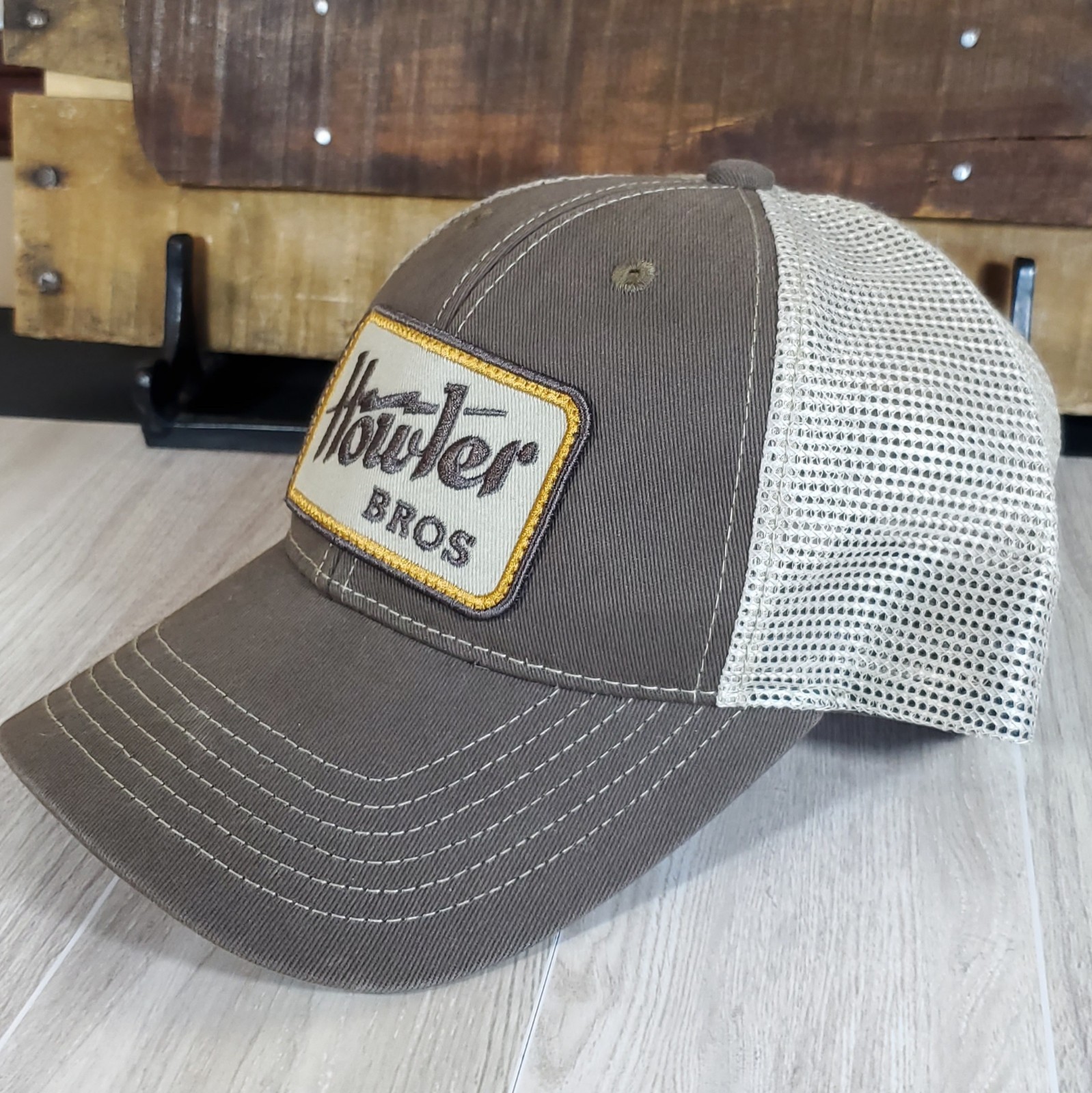 Howler Bros Logo Patch Trucker Snapback Hat Cap Tan Outdoors Fishing Adjustable