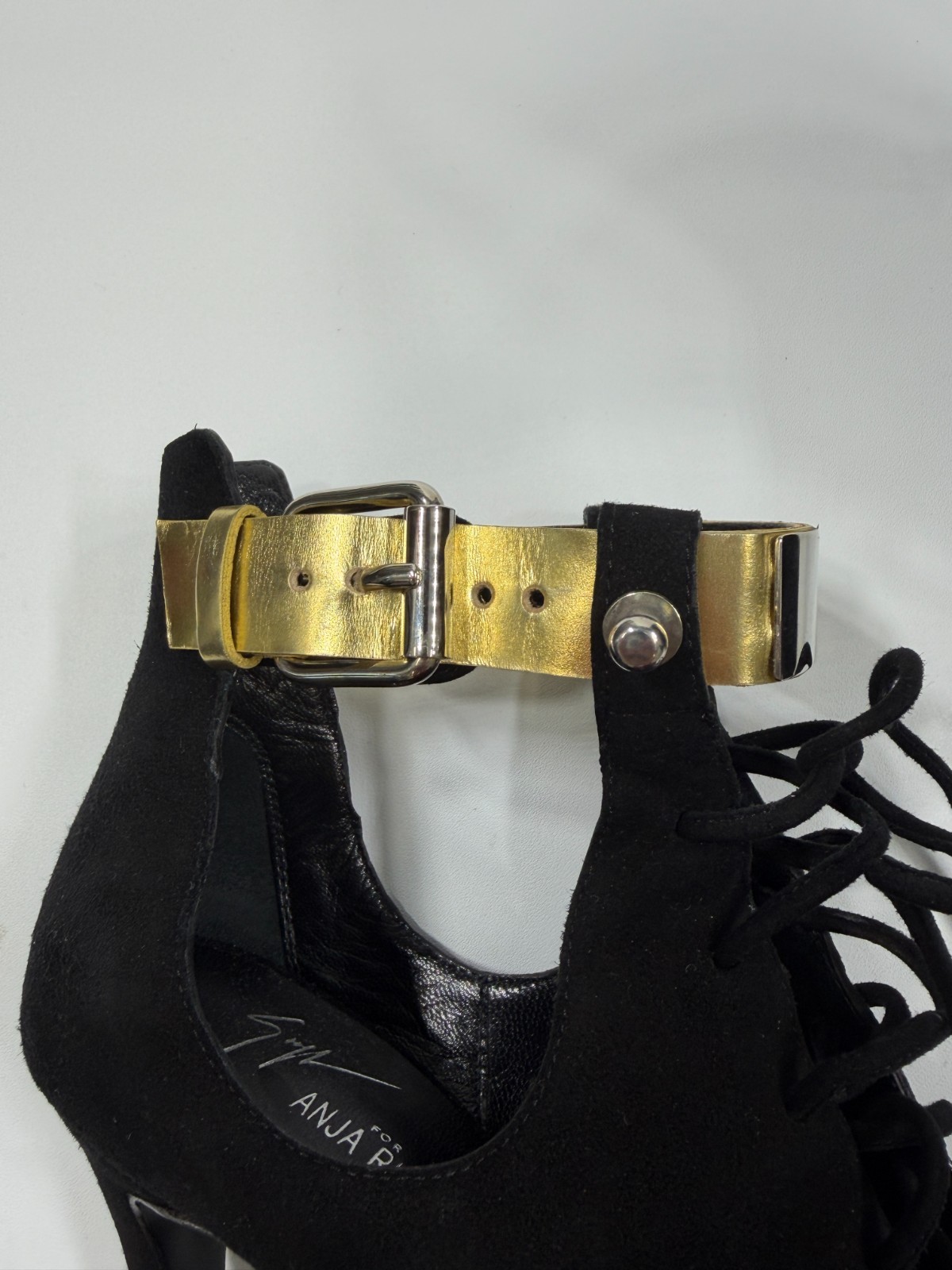 Giuseppe Zanotti x Anja Rubik Black Suede Lace Up Peep Toe Heels Gold Strap 37