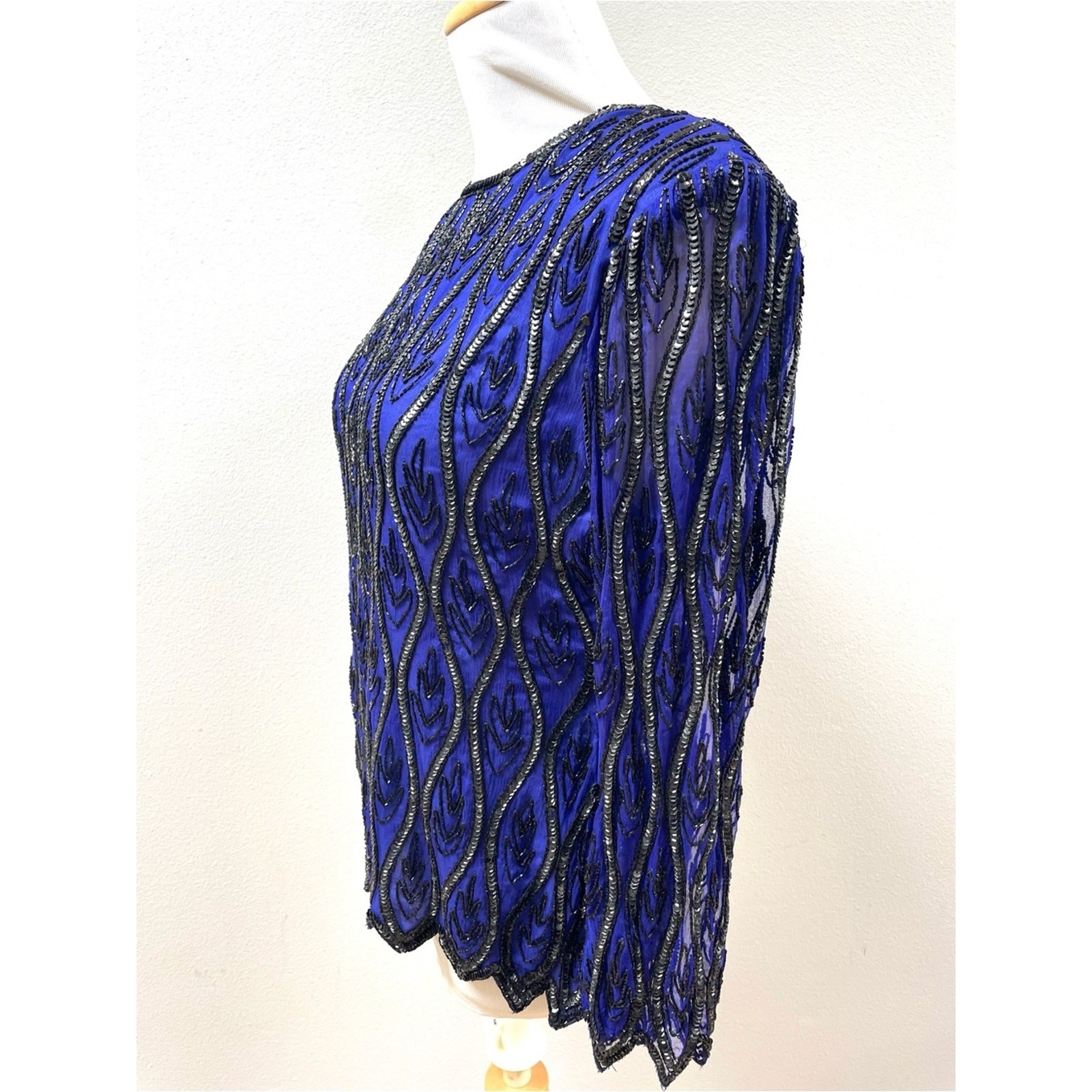 80s 90s Vintage Stenay Beaded Silk Blue Long-Sleeve Evening Top Women’s Medium P