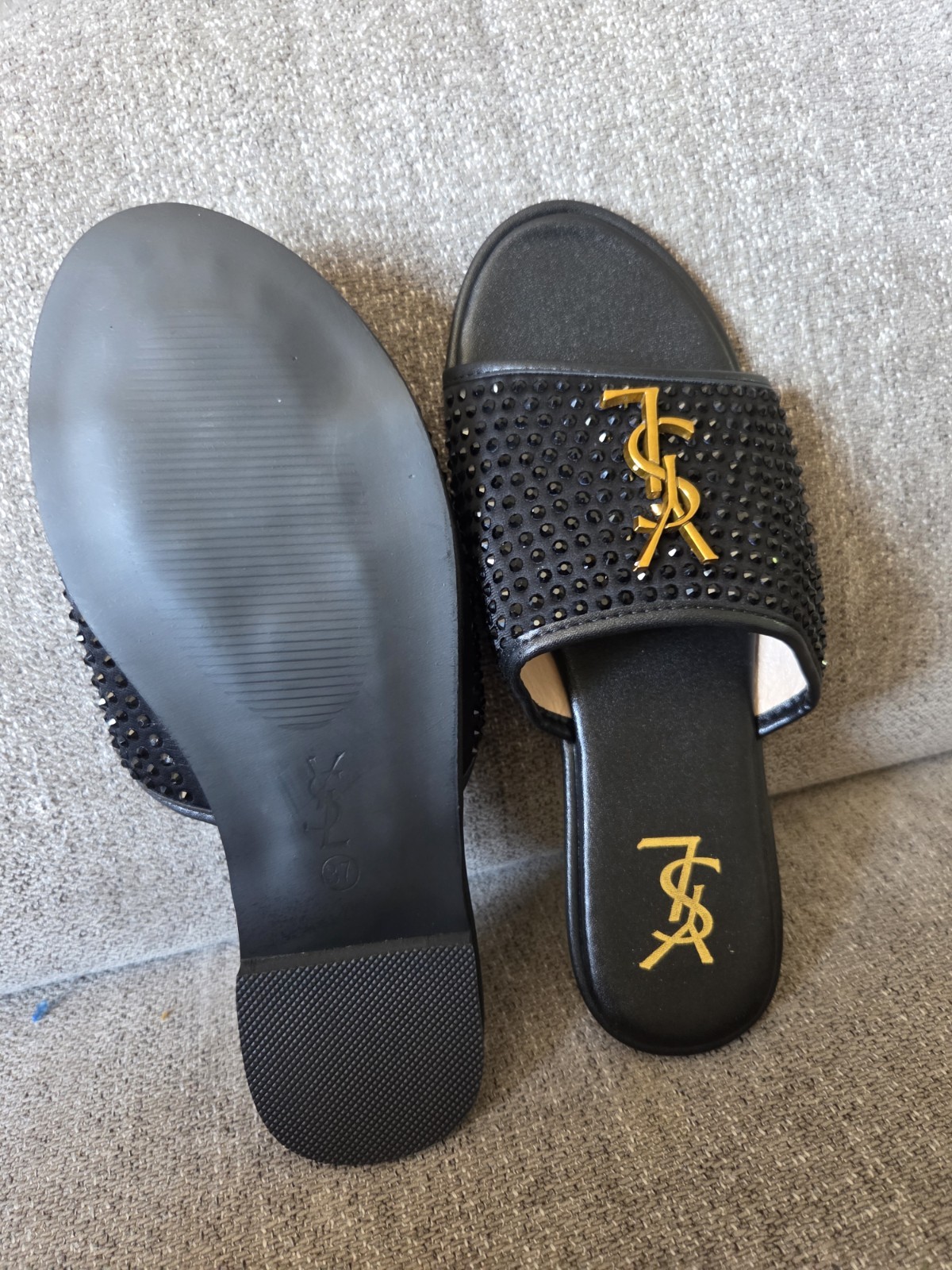 Saint Laurent Black Suede Flat Slide Sandals Women’s US 7 EU 37 Logo Studded