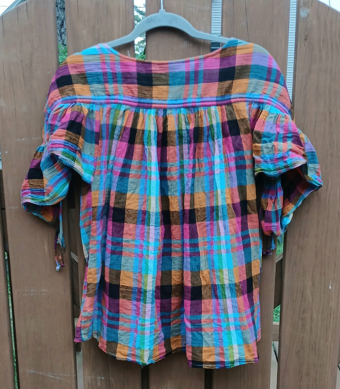 Maeve Anthropologie Multicolor Plaid Check Top Size S Ruched Drawstring Sleeve