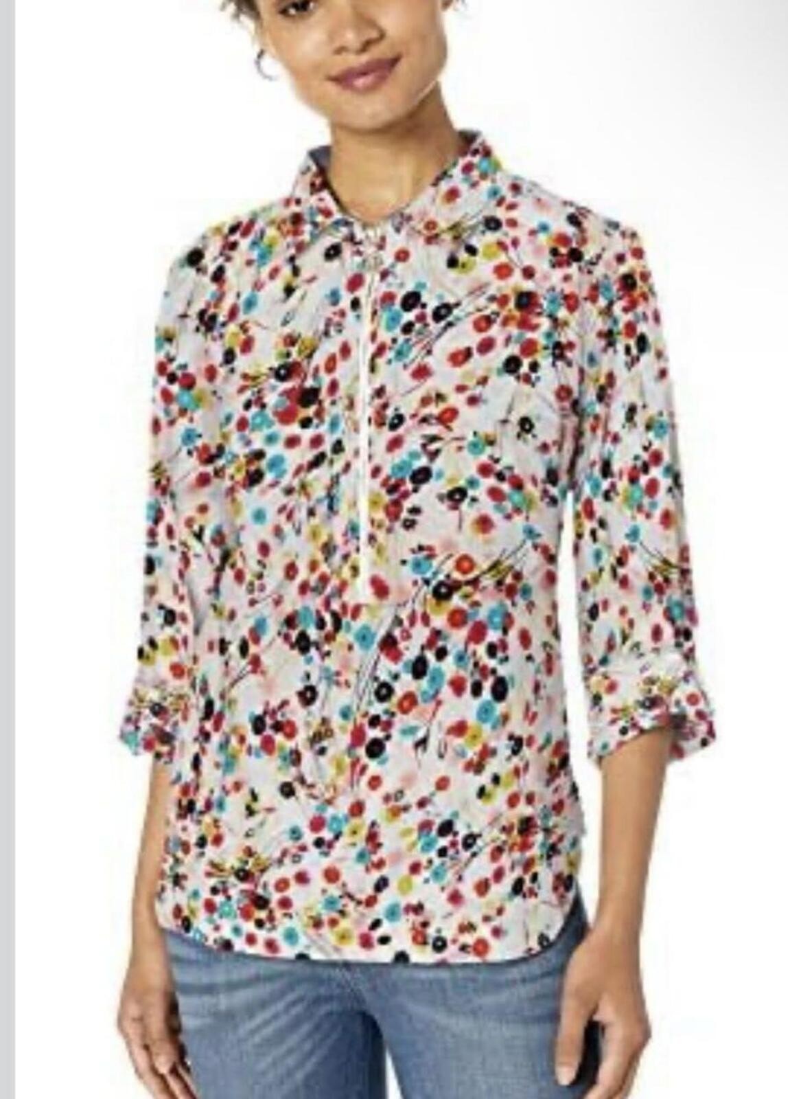 Tommy Hilfiger Women’s Floral Print Long Sleeve Zip Blouse w Button Up Cuff XL