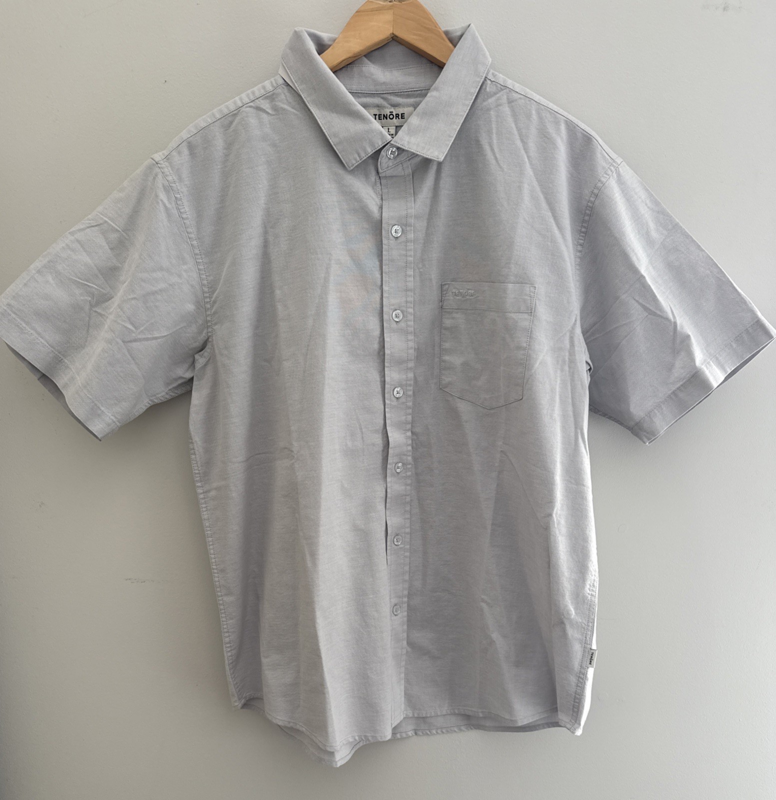 Tenore Everyday Oxford Short Sleeve Shirt Cotton Stretch Light Blue/gray L NWT