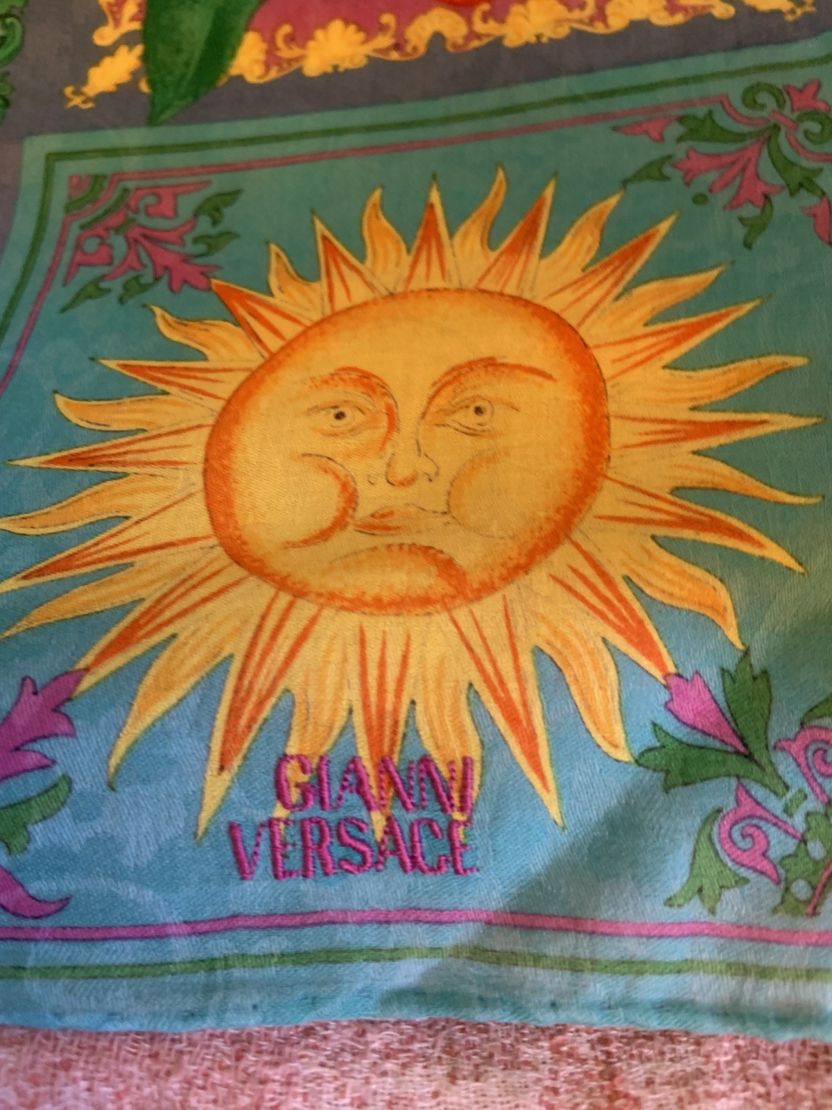 Rare print Gianni Versace Women’s Multicolor Fruit & Sun Logo Print Square Scarf
