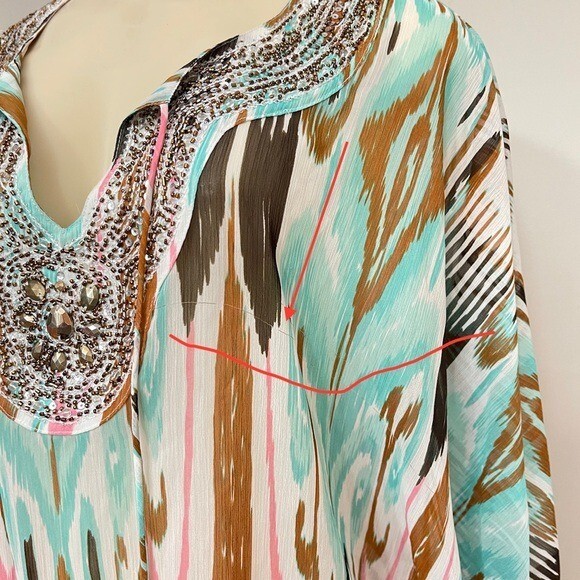 Beach Inc Boho Beaded Sheer Top Swim Cover Up Resort Wear Tan Turquoise Vacay S