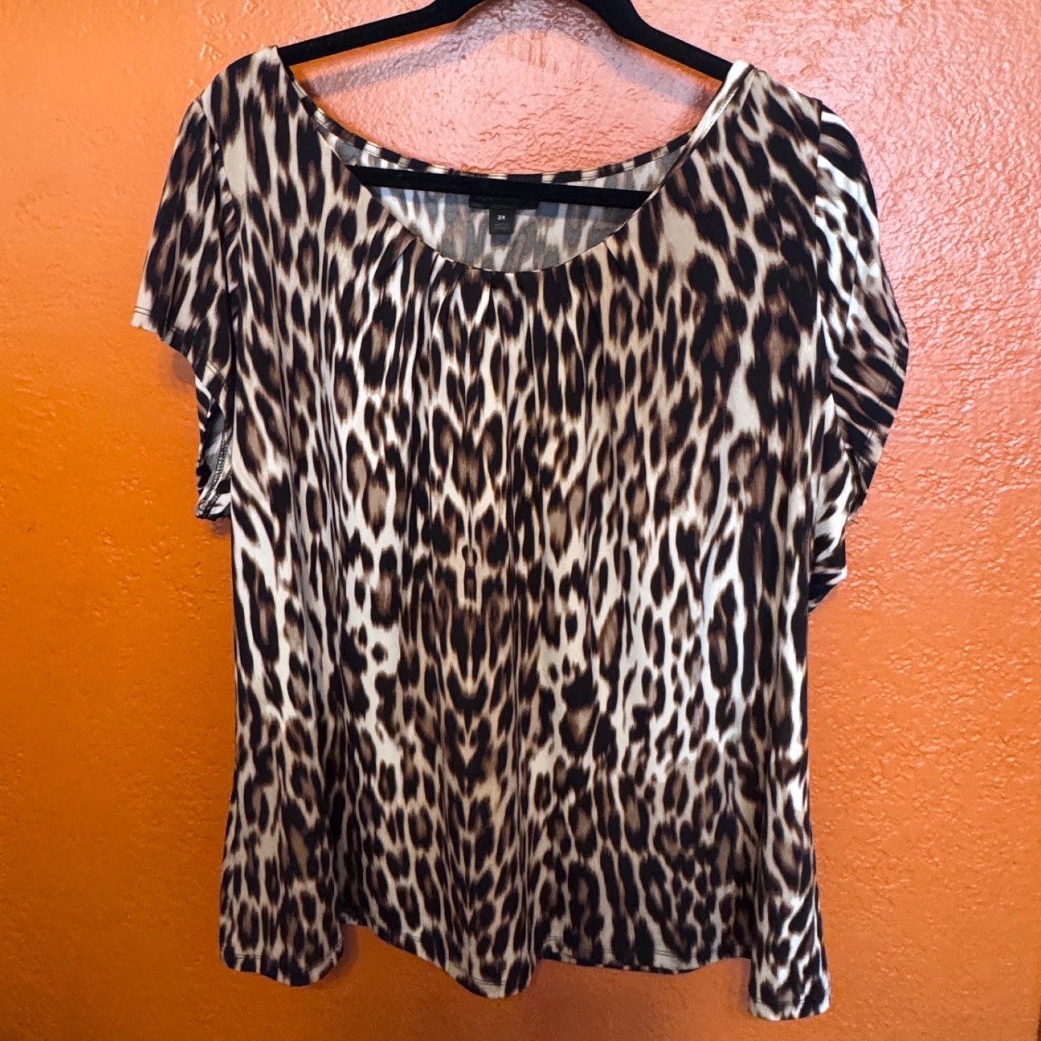 Worthington Womens 3X Leopard Print Short Sleeve Pleated Scoop Neck Blouse Top