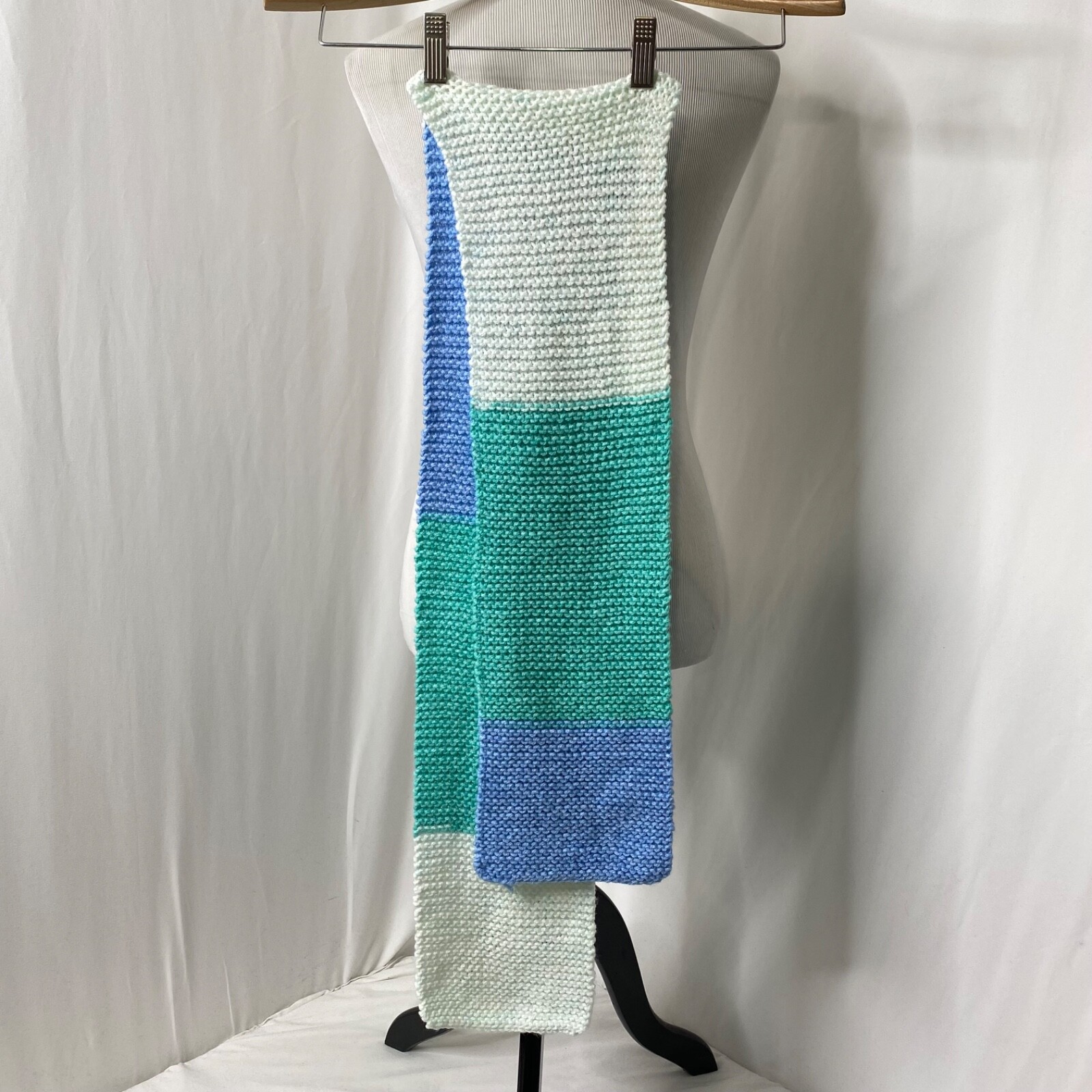 Crochet Knit Scarf Handmade Blue Green White 6.5 Inches X 64 Inches