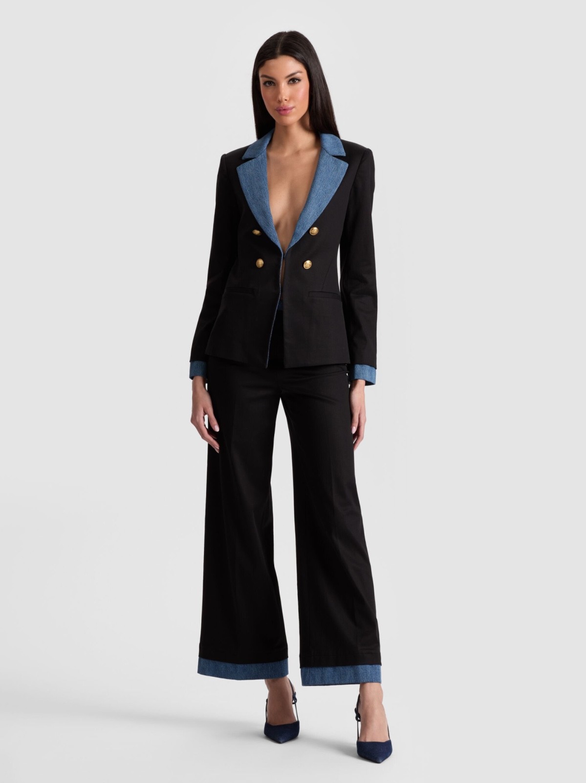 $660 ALICE + OLIVIA Women’s “Mya” blazer jacket – Black / Liana Blue – 6