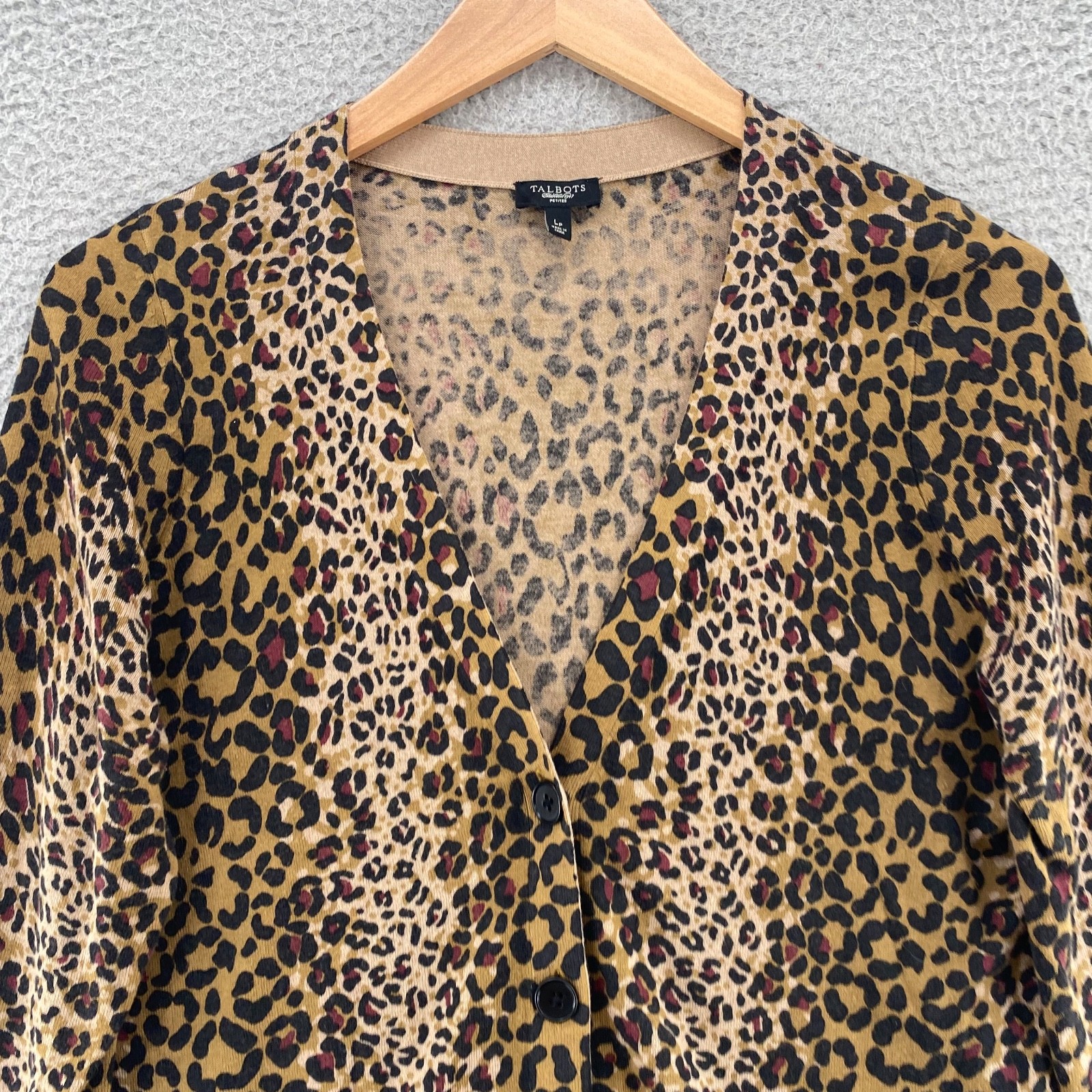Talbots Sweater Women Large Petite Brown Animal Print Wool Blend Button Cardigan