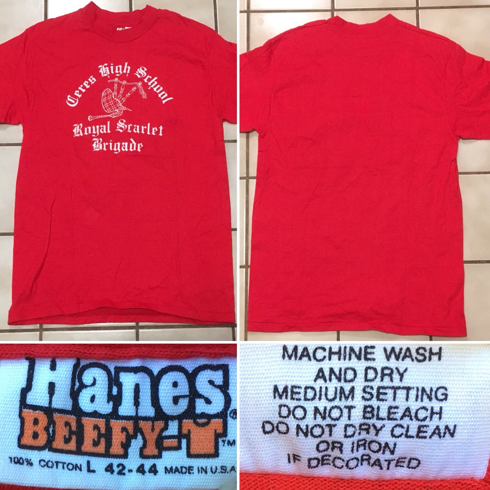 Vintage Ceres High School Royal Scarlet Brgade T Shirt Bagpipes 80s 1980s Size L