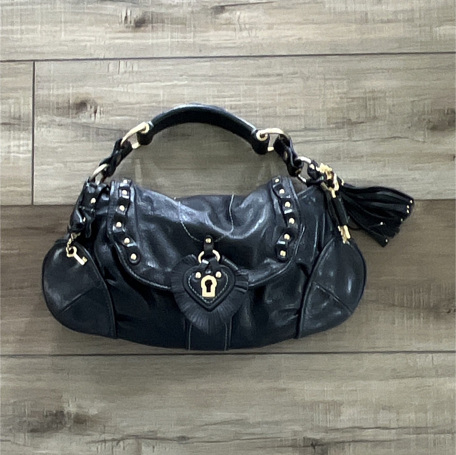Y2K Juicy Couture Black Leather Studded Purse, heart & key gold metal accents
