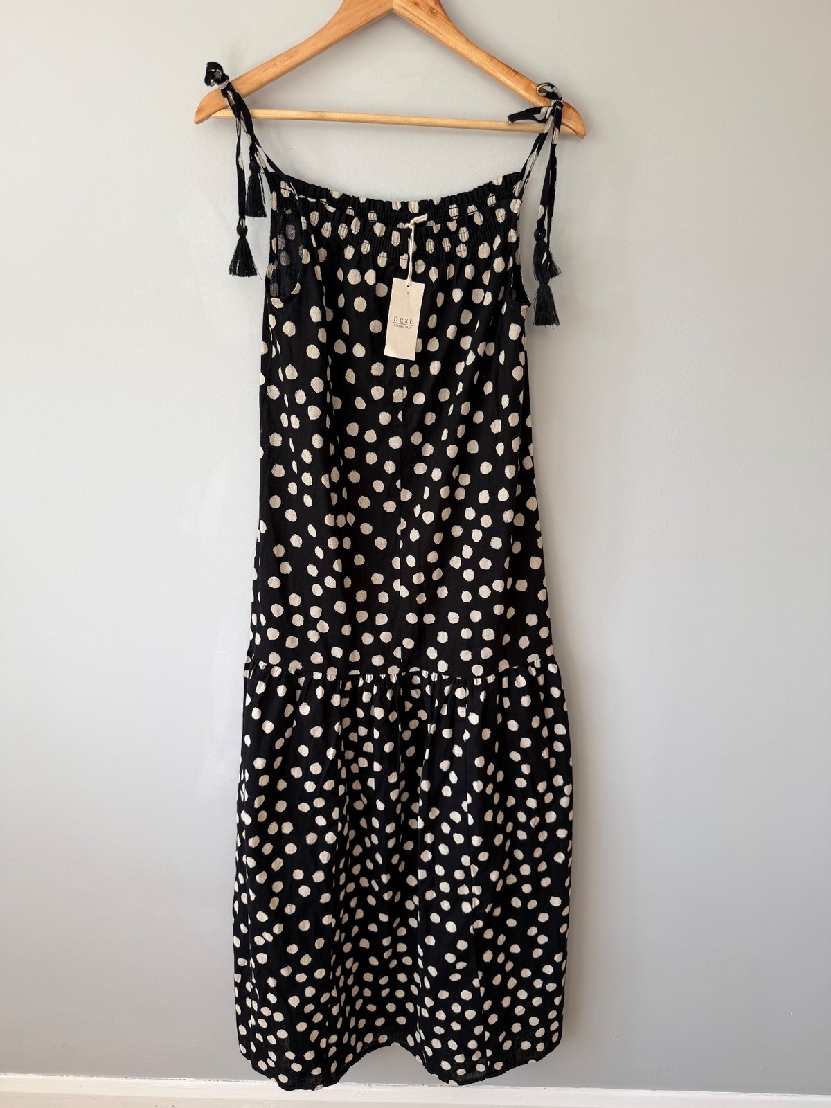 Next Black Beige Polka Dot Linen Cotton Midi Dress UK 10 Tassel Strap BNWT