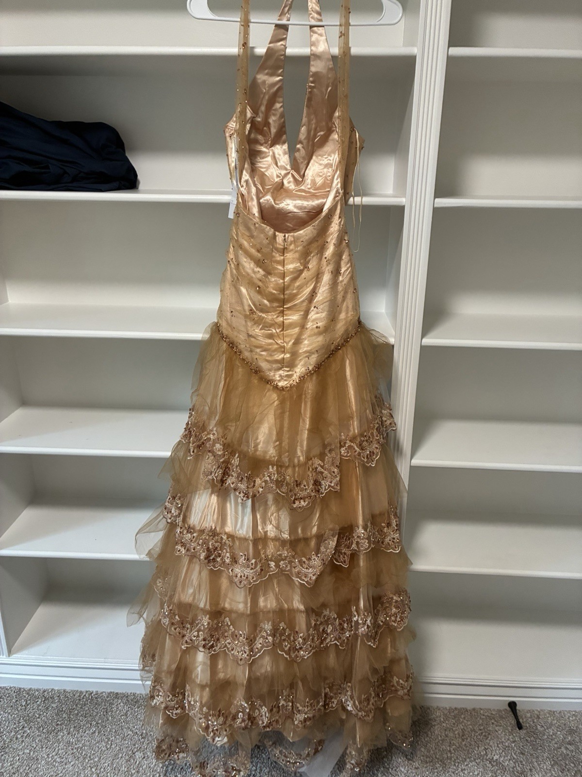 Do You Love Me? Gold Tan Beaded Halter V-Neck Formal Long Tulle Prom Gown 10