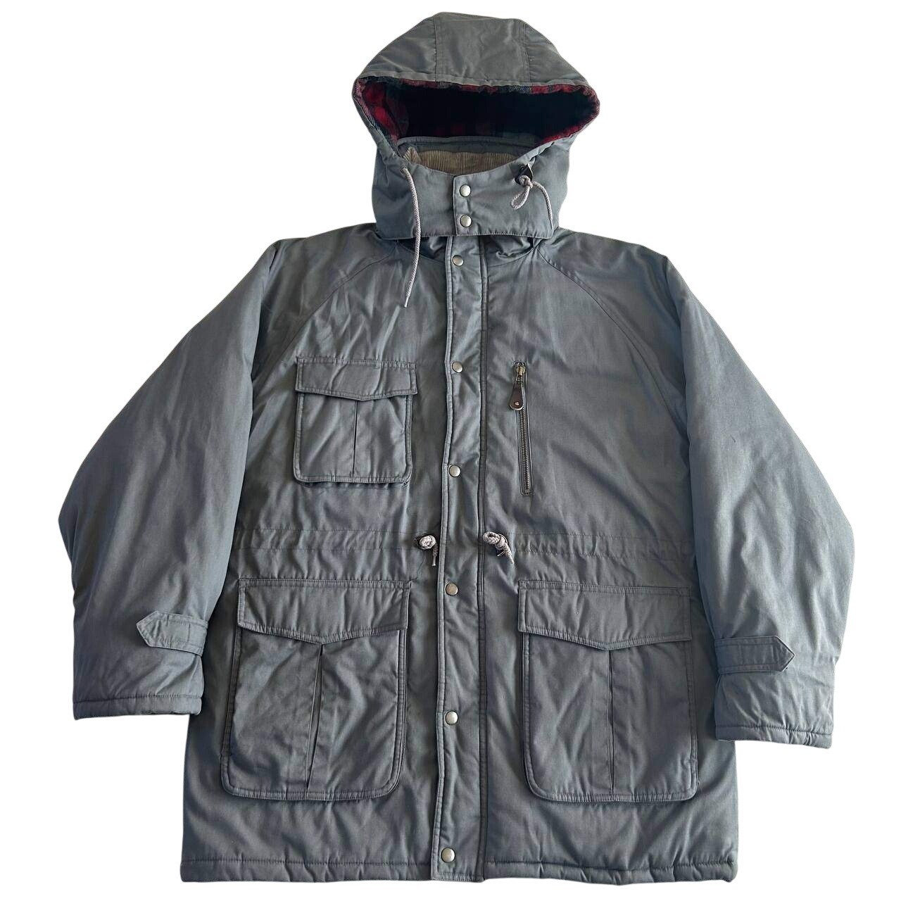 St Johns Bay Parka Chore Coat Size L Gray Flannel Lined Insulated Removable Hood
