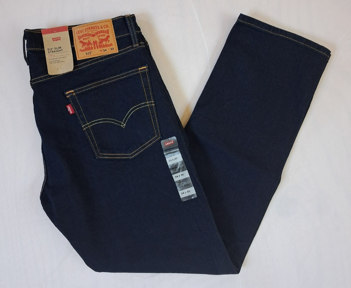 Levis Mens 513 Jeans 34 X 30 Slim Straight Stretch Dark Blue Denim $69.50 NWT