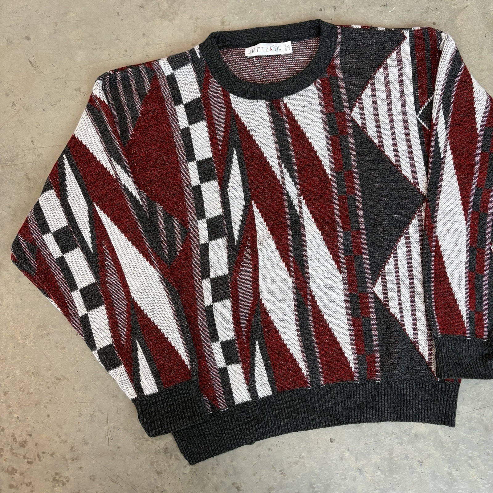 Vintage 90s Jantzen Geometric Sweater USA Made Multicolor Red White Gray Medium
