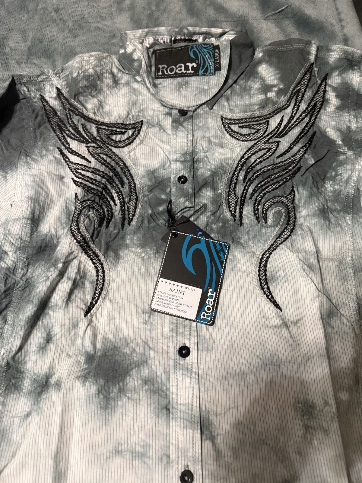 Roar Embroidered Button-Up Long Sleeve Shirt Y2K Xl Rock Star Cowboy Biker NOS
