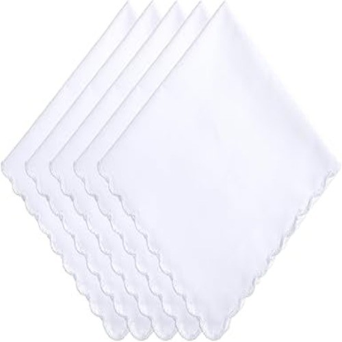 5 Pcs Cotton Handkerchiefs White Scalloped Hankies Large Pocket Square, New, USA