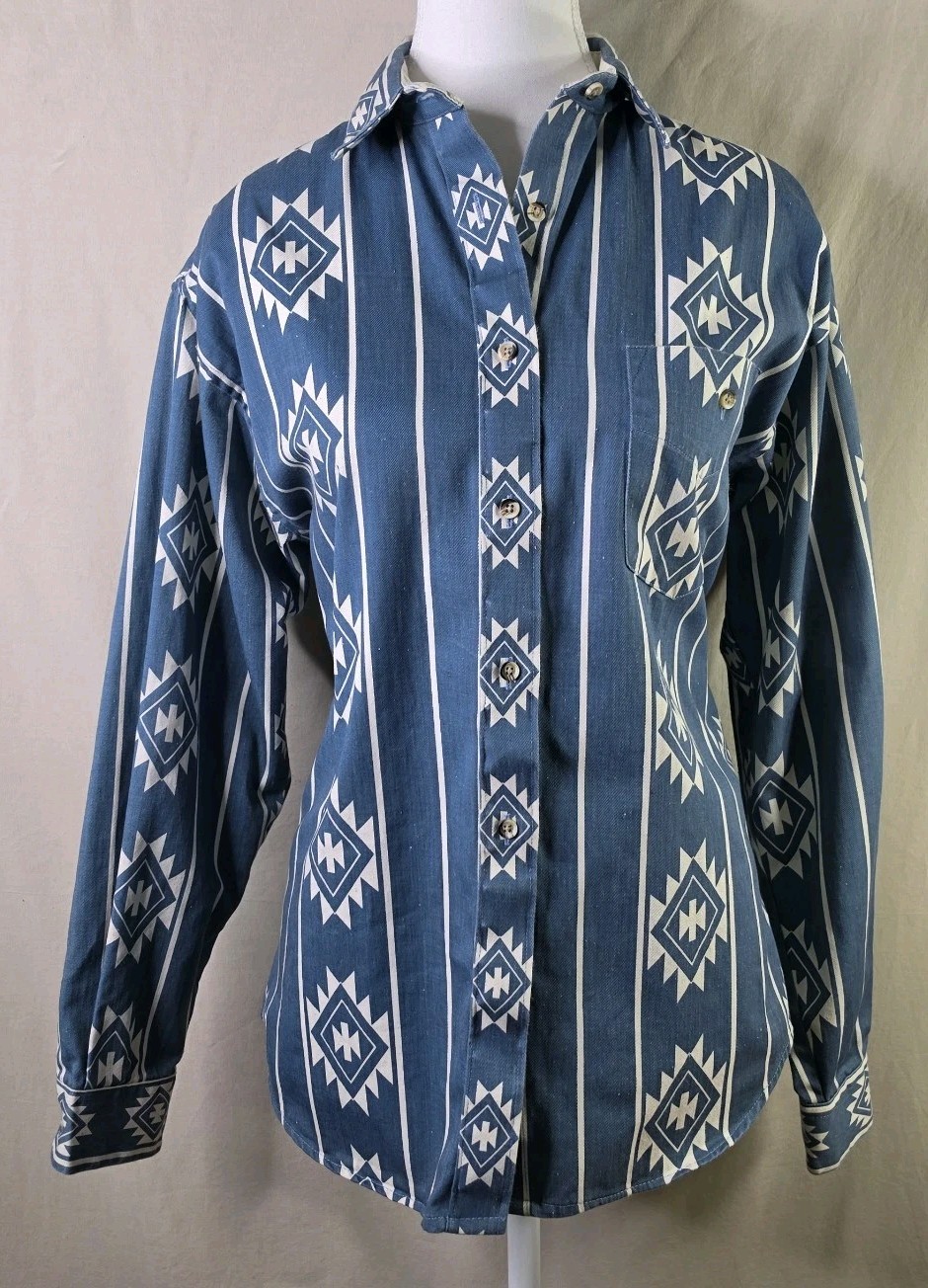 Circle Classics Button-Up Blouse Shoulder Pads Blue Medium Excellent