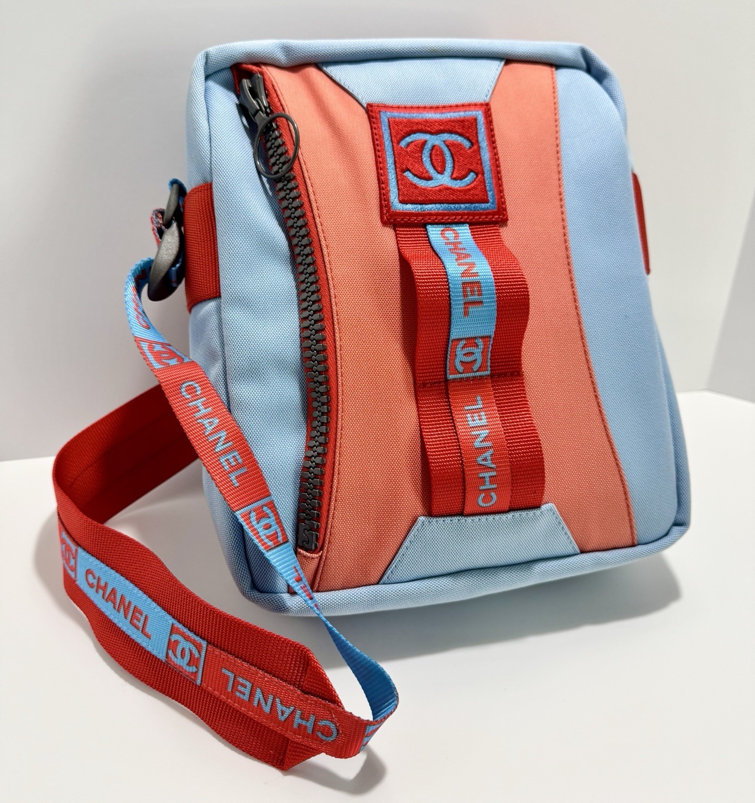 Chanel Sport Line Red Blue Medium Crossbody Vintage Unisex Canvas Nylon CC Logo