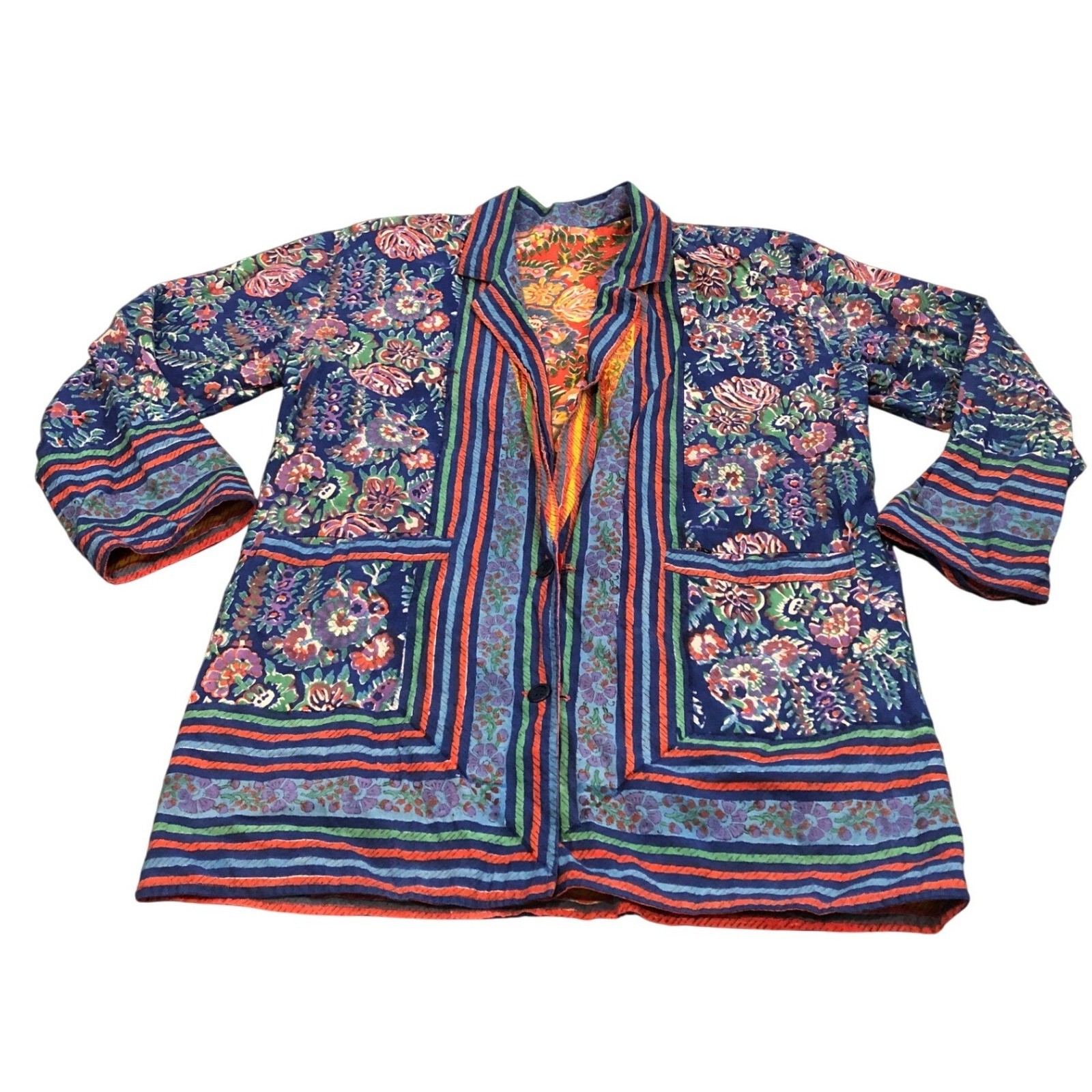 Samhillu Reversible Quilted Jacket Women Large Blue Red Floral Cotton India Boho