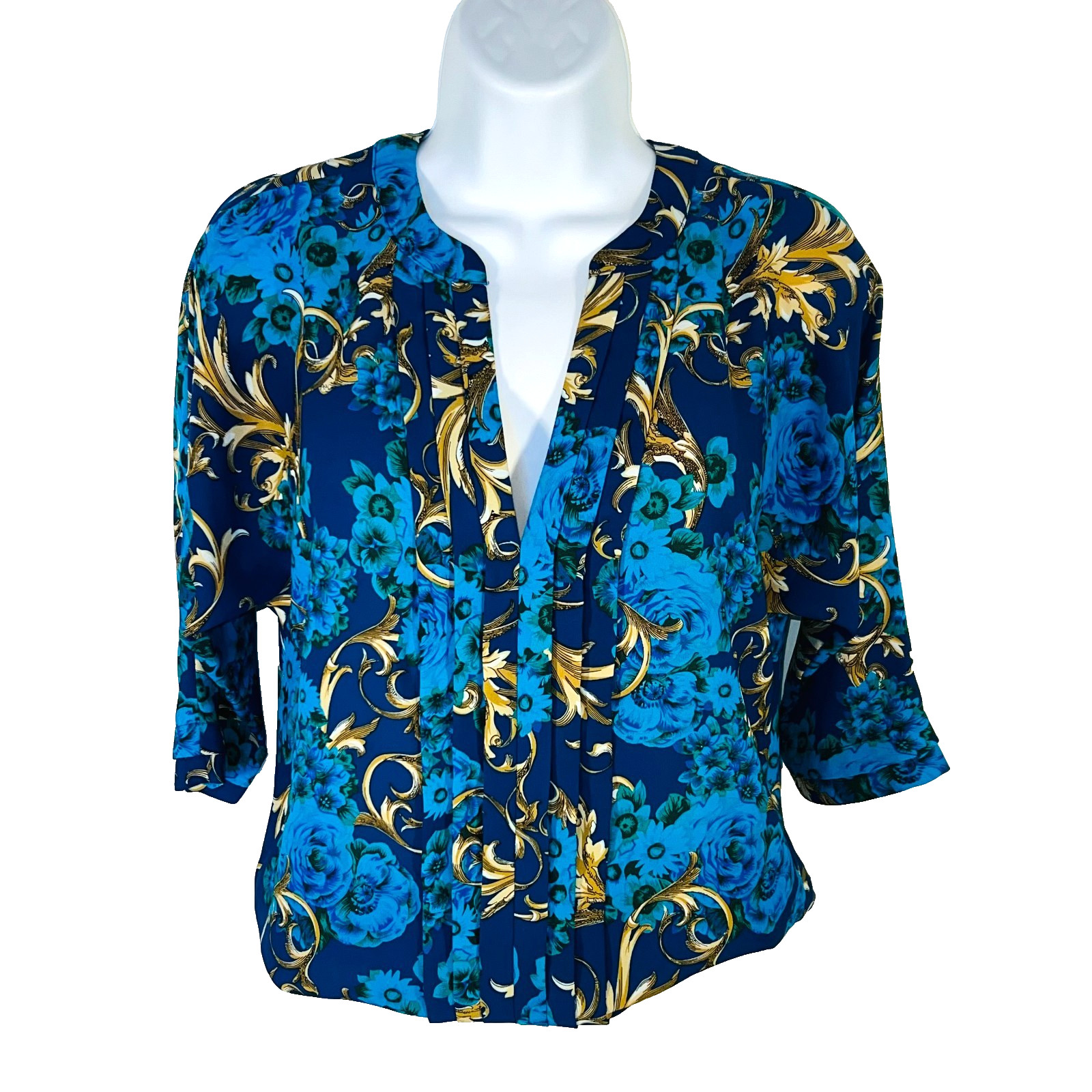 7th Avenue New York & Company Blouse Women’s XS Blue Gold Floral Rococo V-Neck