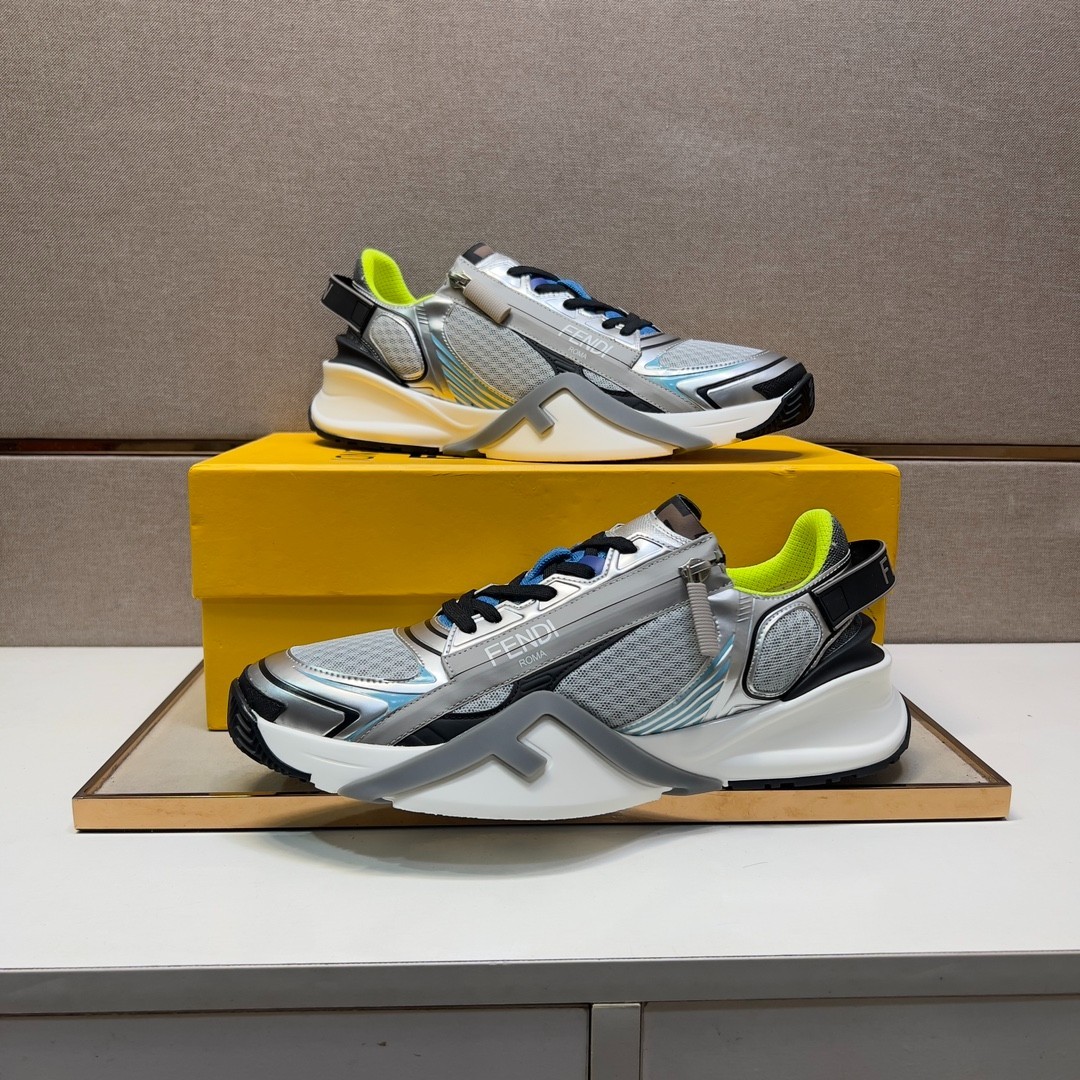 Fendi Faster Silver Metallic Mesh and Leather Sneakers Designer Shoes Size 42