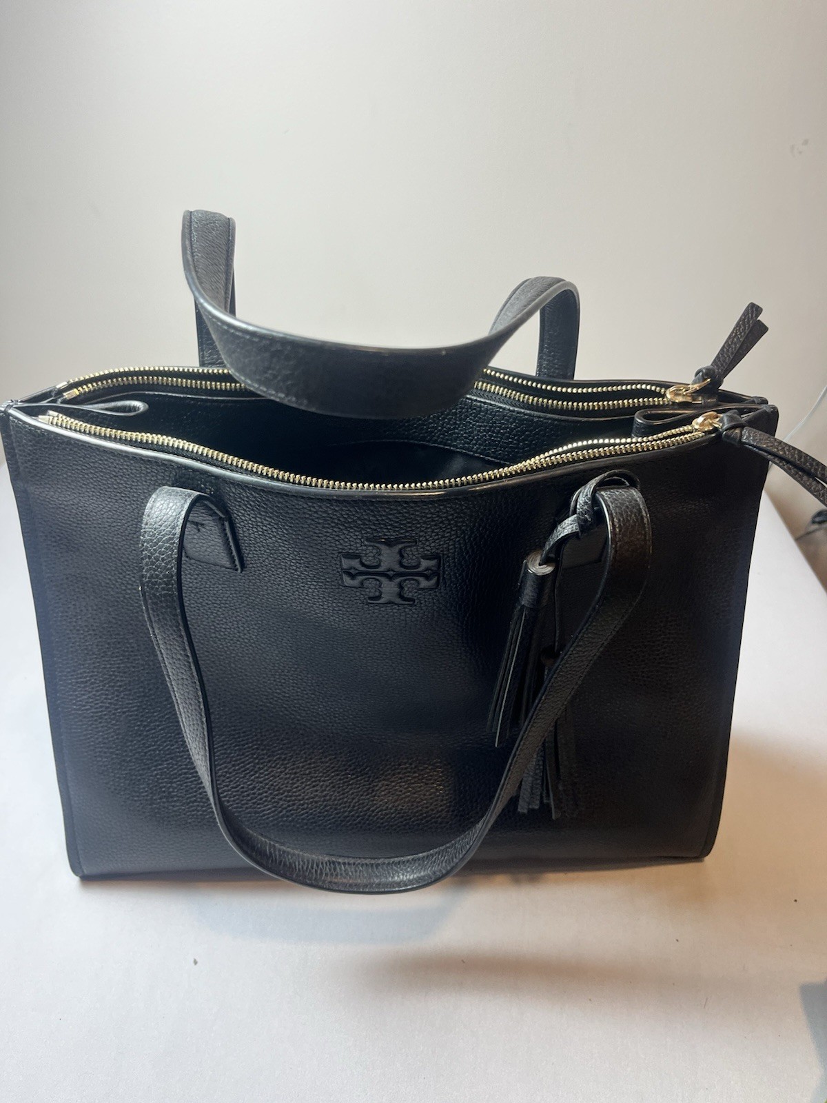 Tory Burch Black Satchel Zip Closure Tassel Logo Gold Hardware Detachable Strap