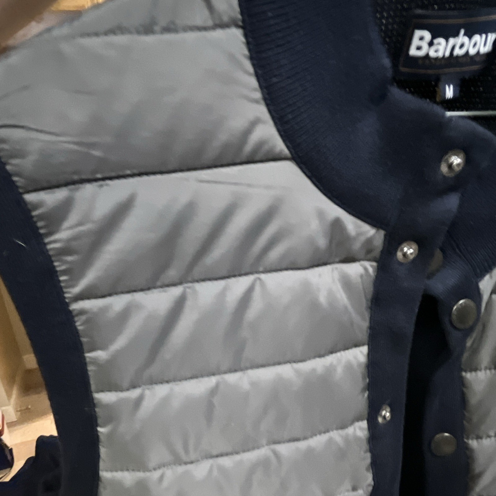 Barbour Men’s Gray/Navy Quilted Snap Front Vest Stand Collar Pockets M
