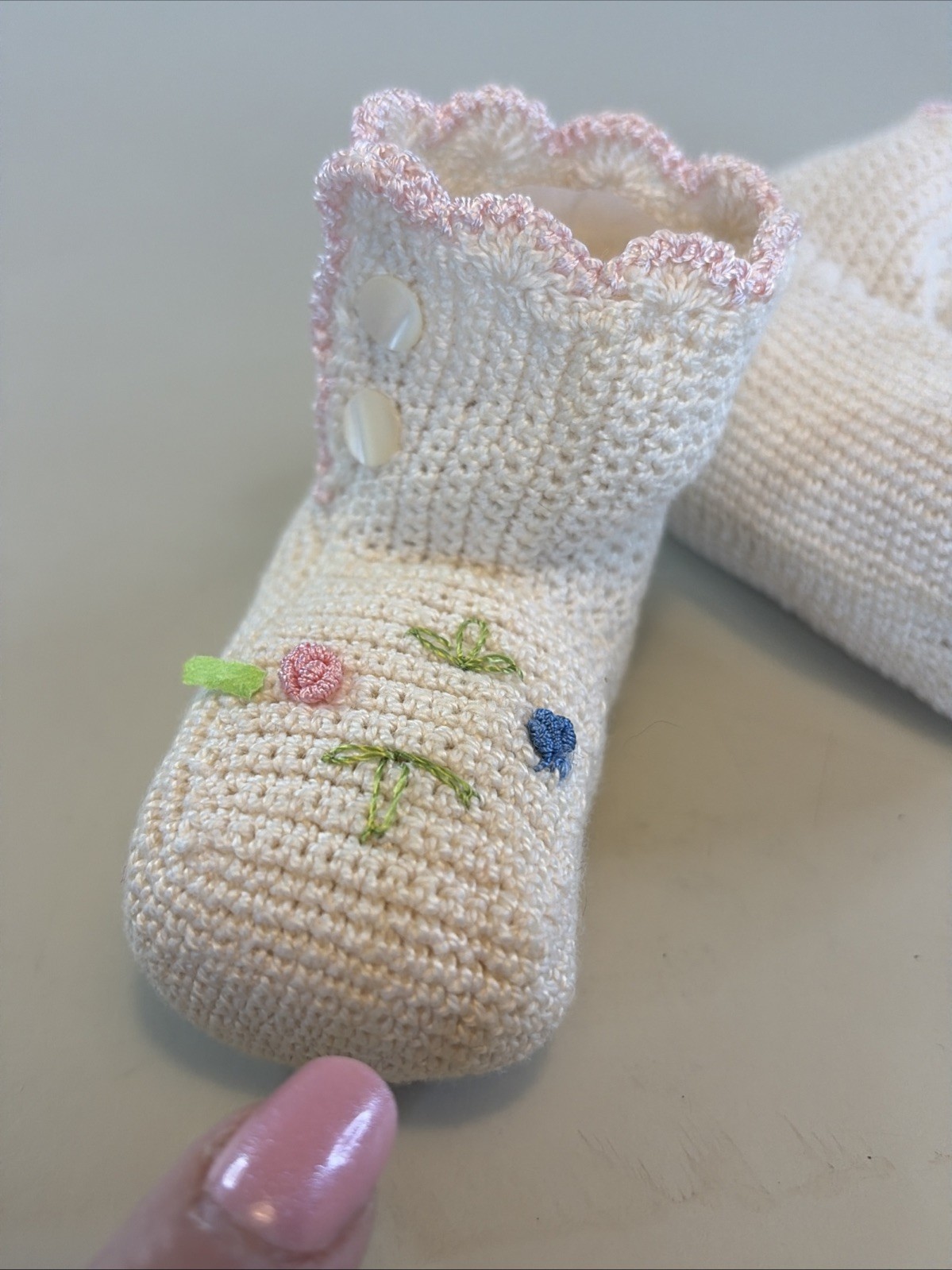 Vintage Hand Crocheted Ivory Pink Blue Flower Infant Booties