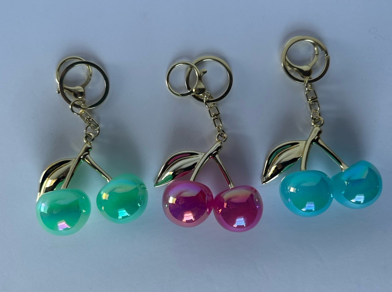 Iridescent Gloss Mirrored Cherry Bag Charms Keychain Gold + Velvet Dustbag
