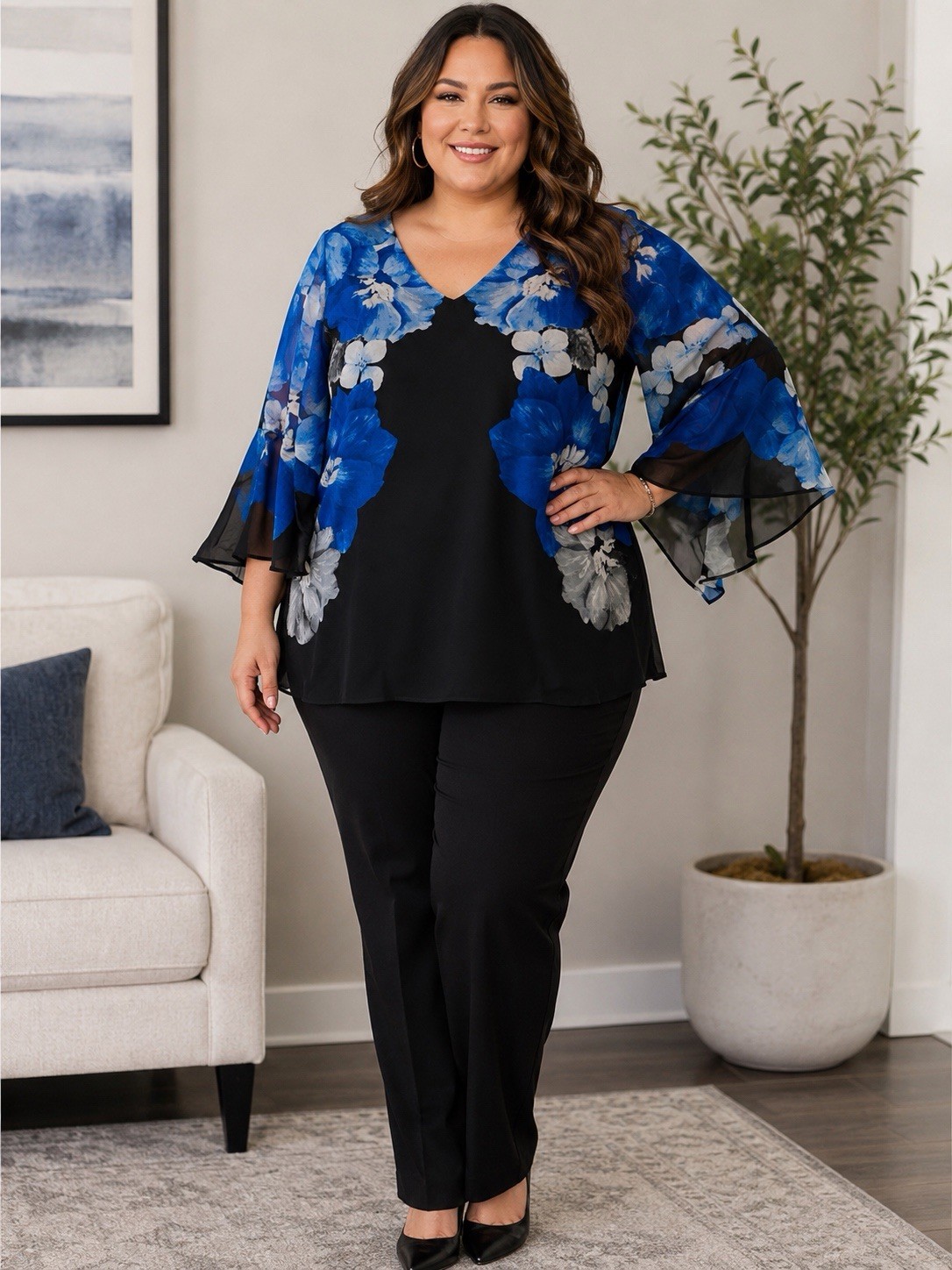 Calvin Klein Plus Size 1X Black Blue Floral Chiffon Blouse Bell Sheer Overlay