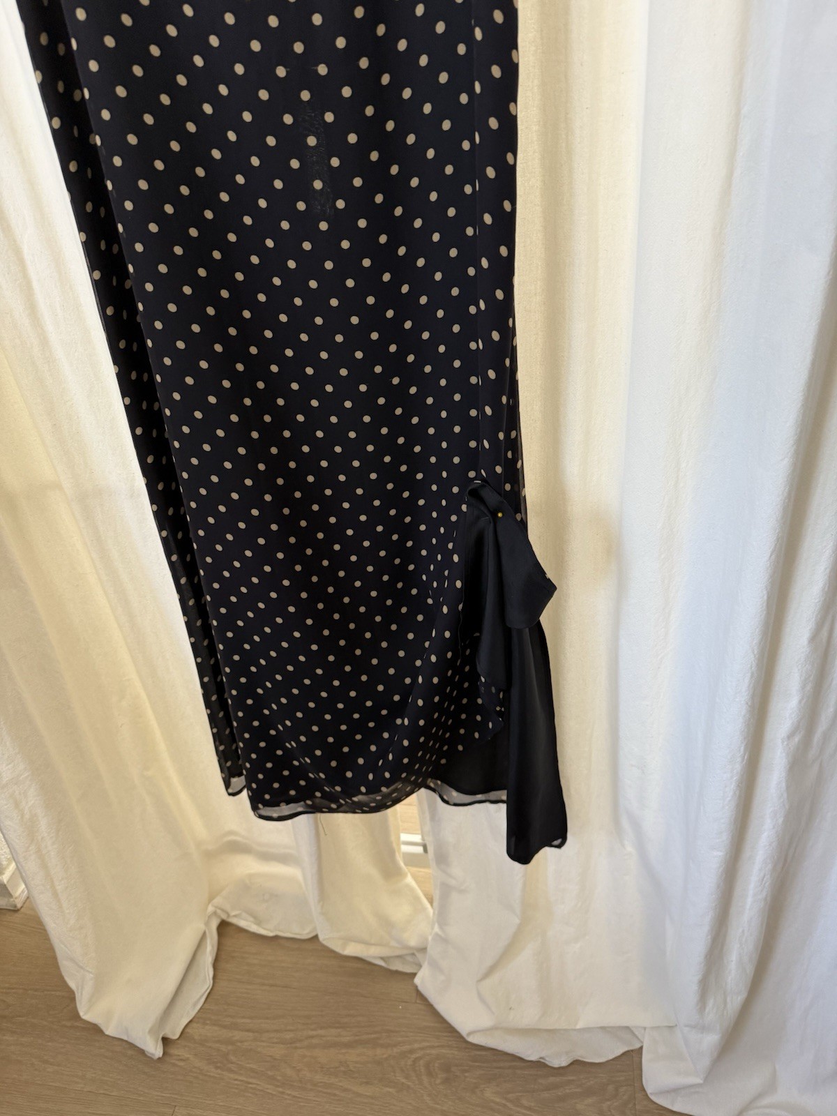 Robbie Bee Black White Polka Dot Silk Chiffon Maxi Dress Bow Lined Size 10