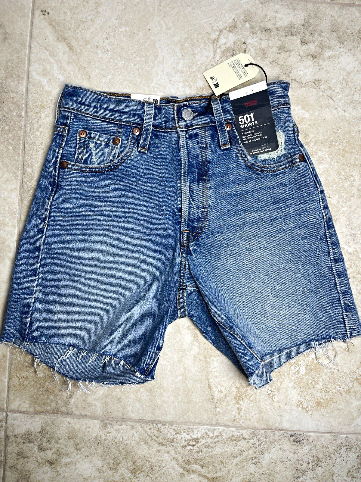 Levi’s 501 High Rise Cut Off Denim Shorts Blue W23 Relaxed Fit NWT