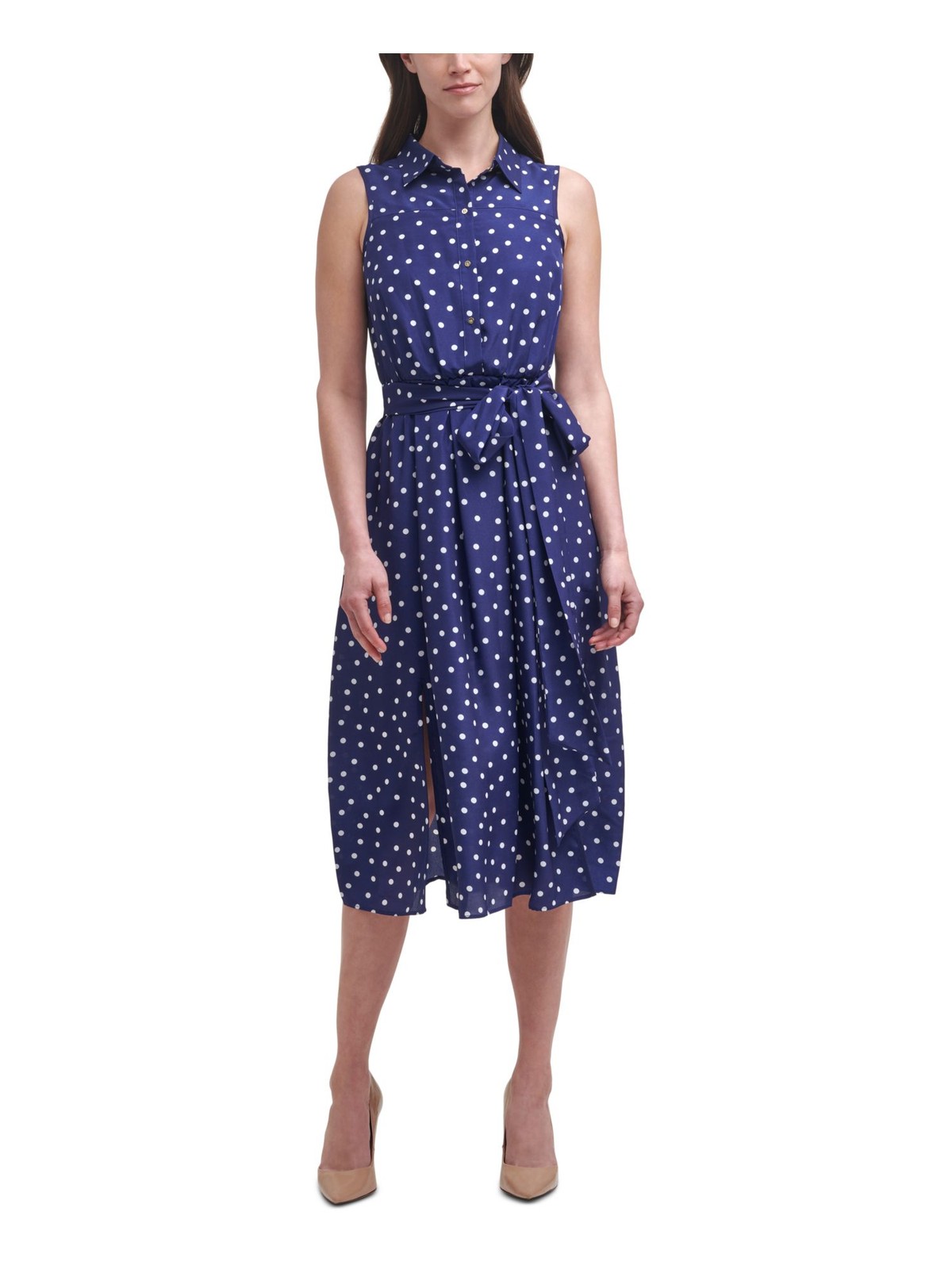 HARPER ROSE Womens Blue Belted Sleeveless Midi Wear To Work Shirt Dress 14